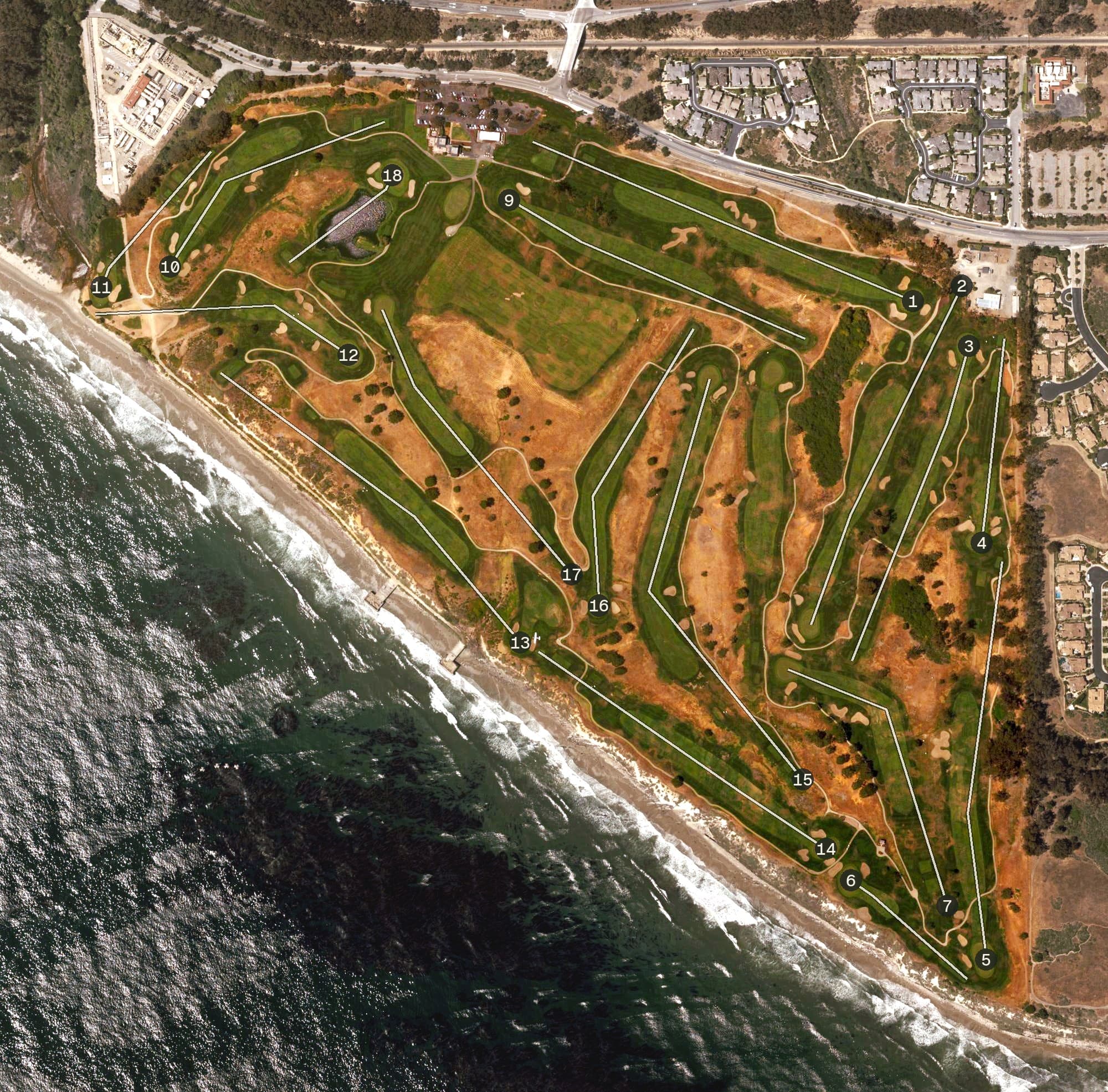 Aerial view of Sandpiper Golf Course, CA, with its hole routing marked