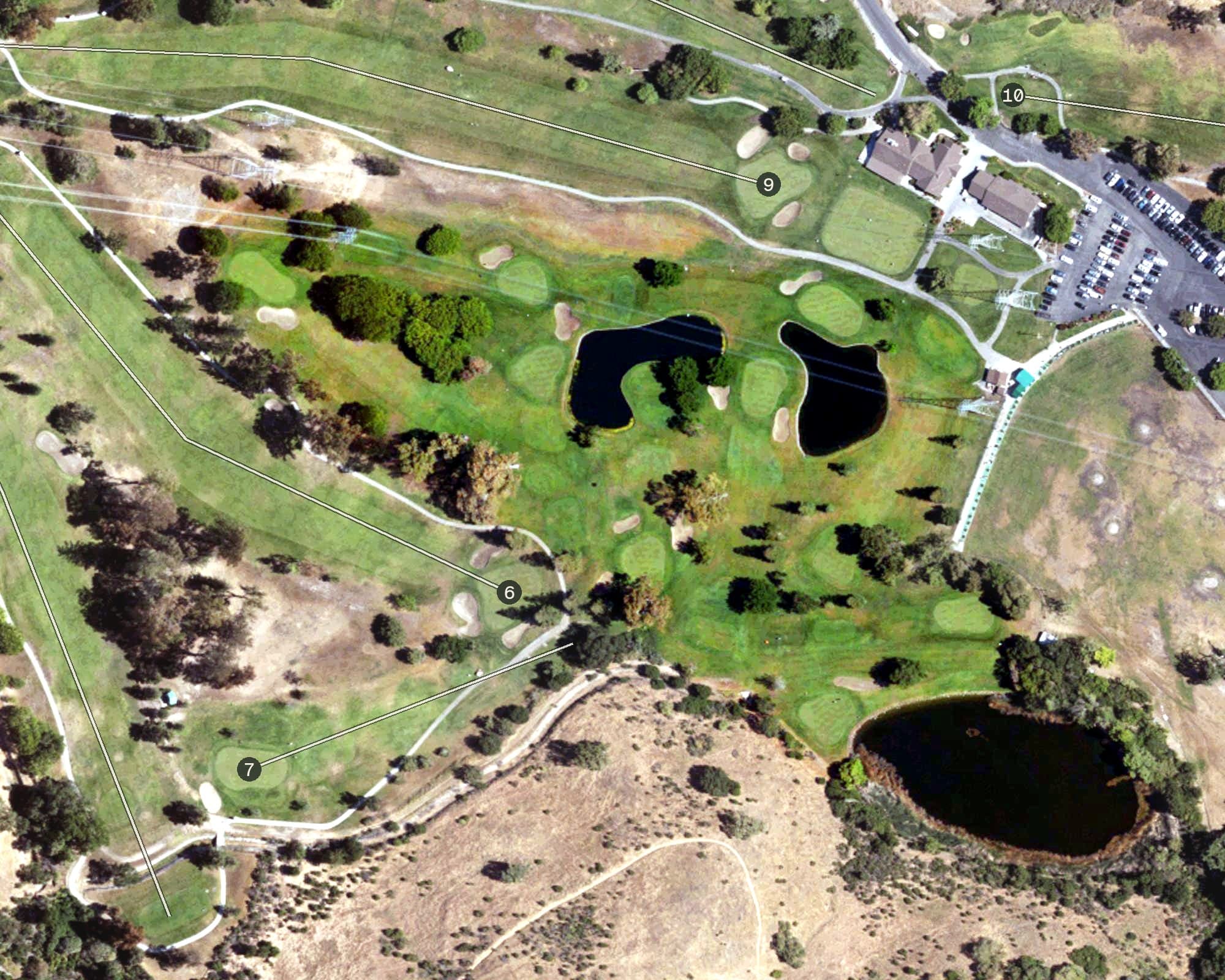 Aerial view of Santa Teresa Golf Club Short Course, CA, with its hole routing marked