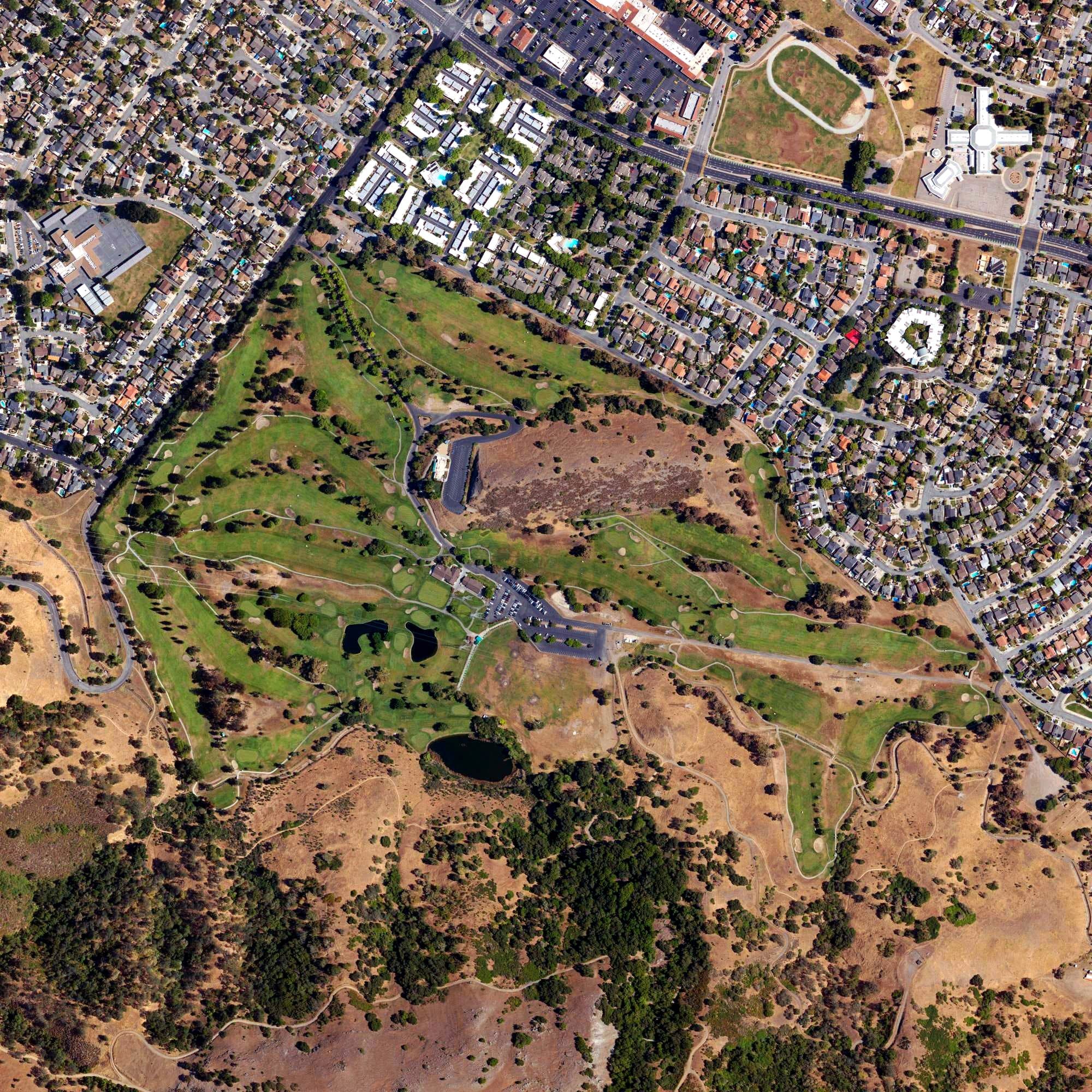 Aerial view of Santa Teresa Golf Club, CA, with its hole routing marked