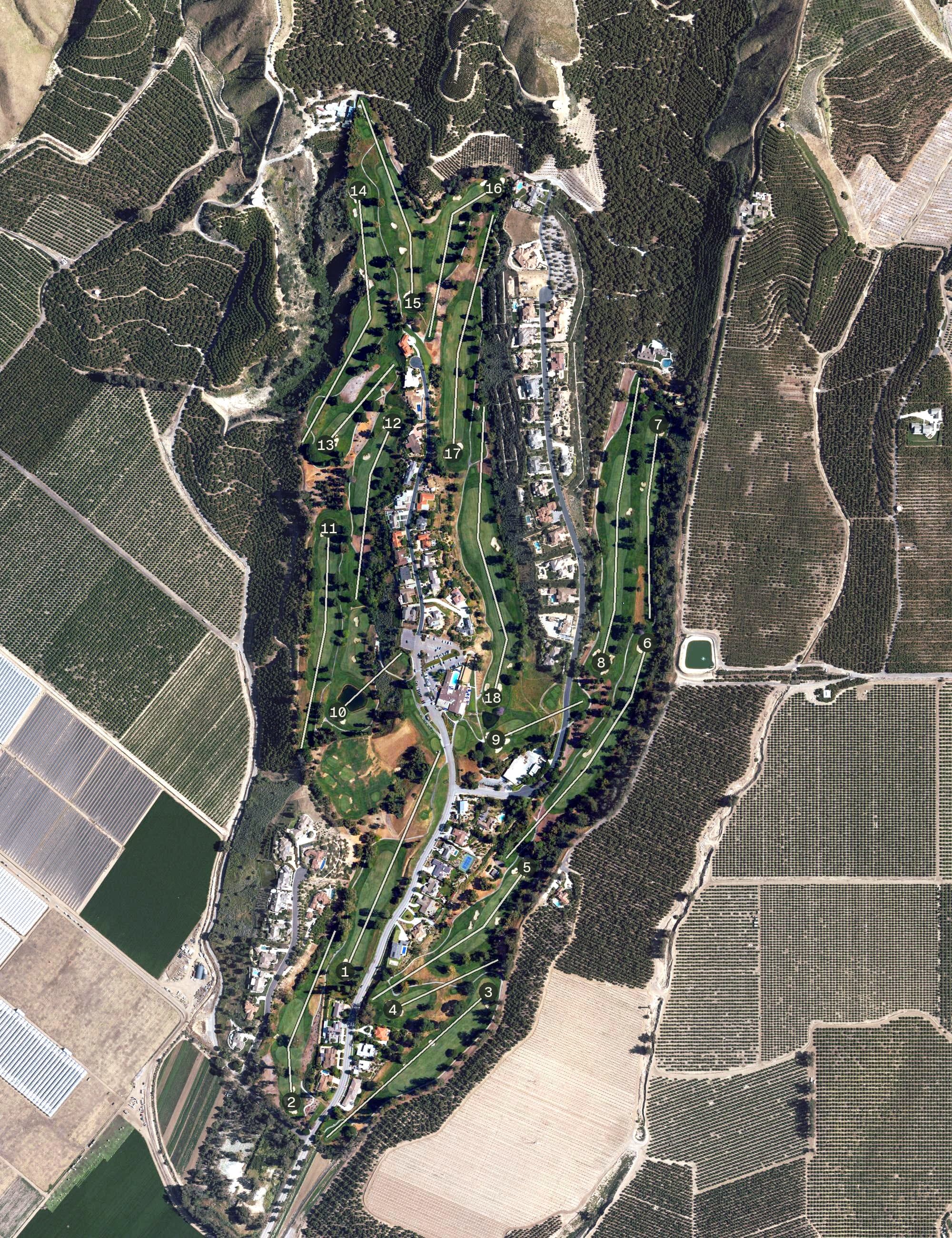 Aerial view of Saticoy Country Club, CA, with its hole routing marked