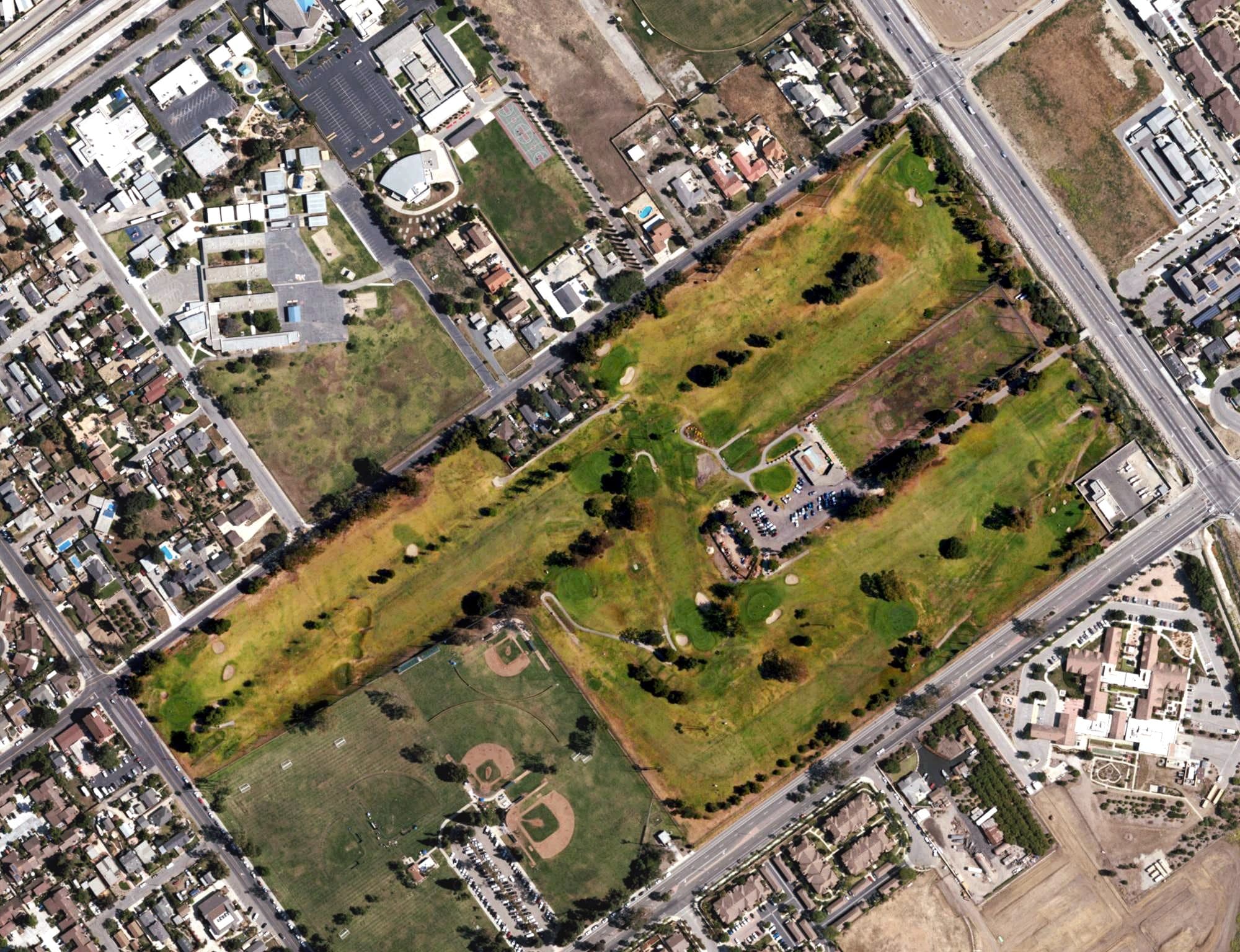 Aerial view of Saticoy Regional Golf Course, CA, with its hole routing marked