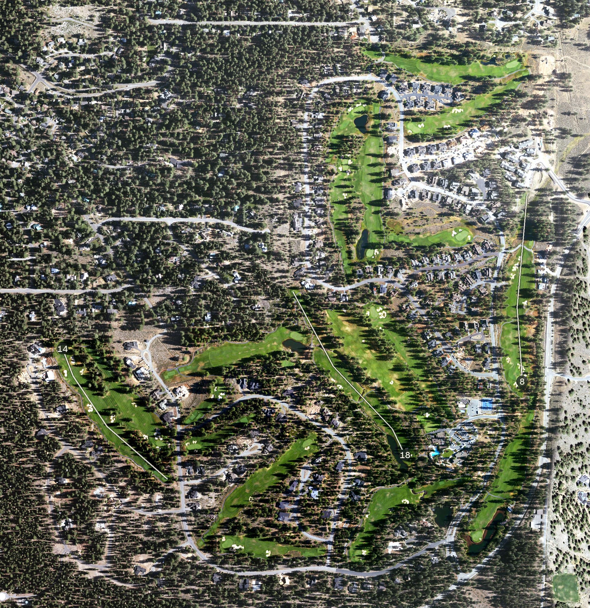 Aerial view of Schaffer's Mill Golf Course, CA, with its hole routing marked