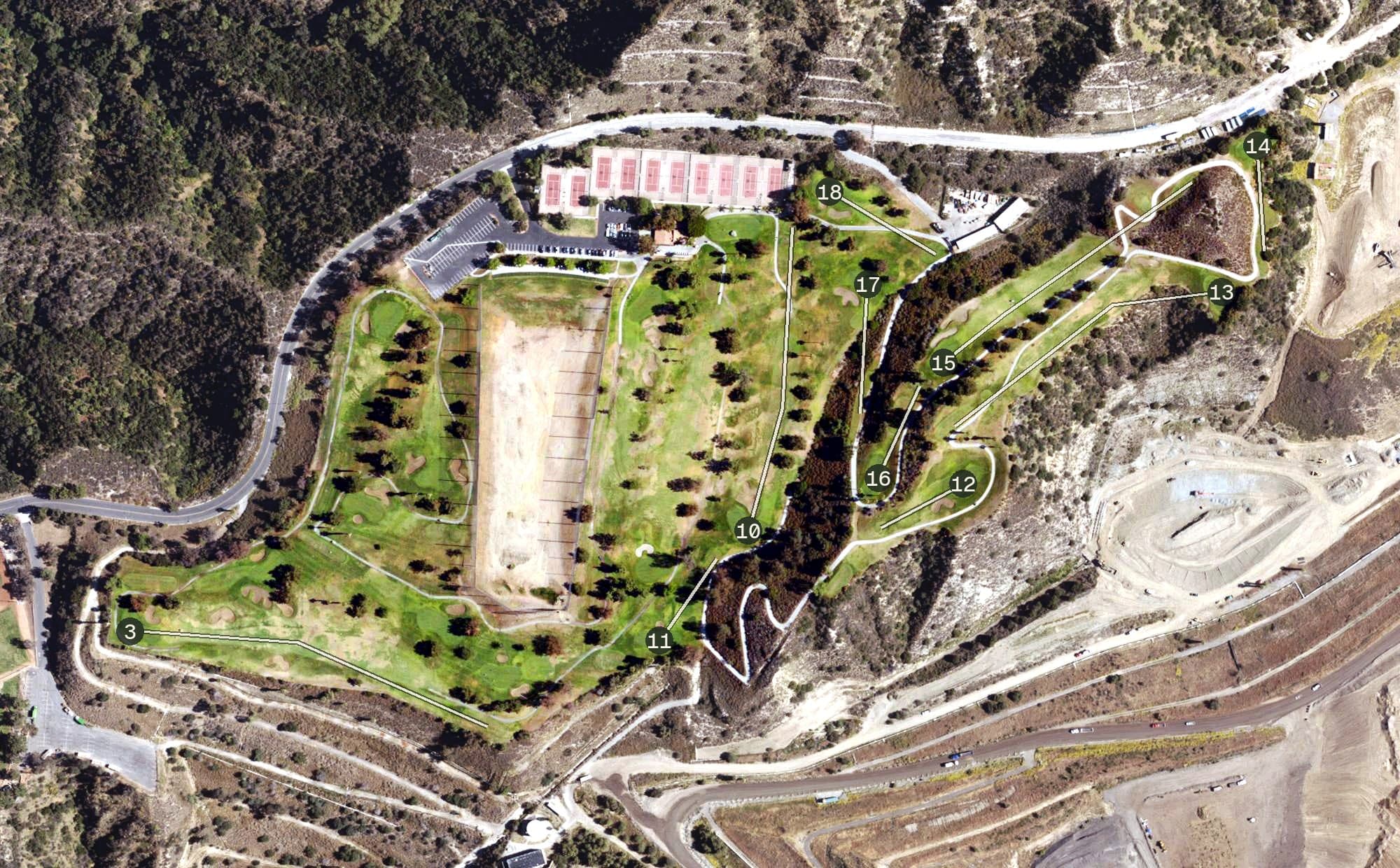 Aerial view of Scholl Canyon Golf Course, CA, with its hole routing marked