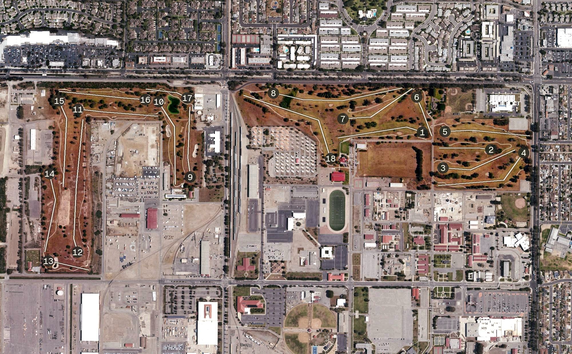 Aerial view of Seabee Golf Course, CA, with its hole routing marked