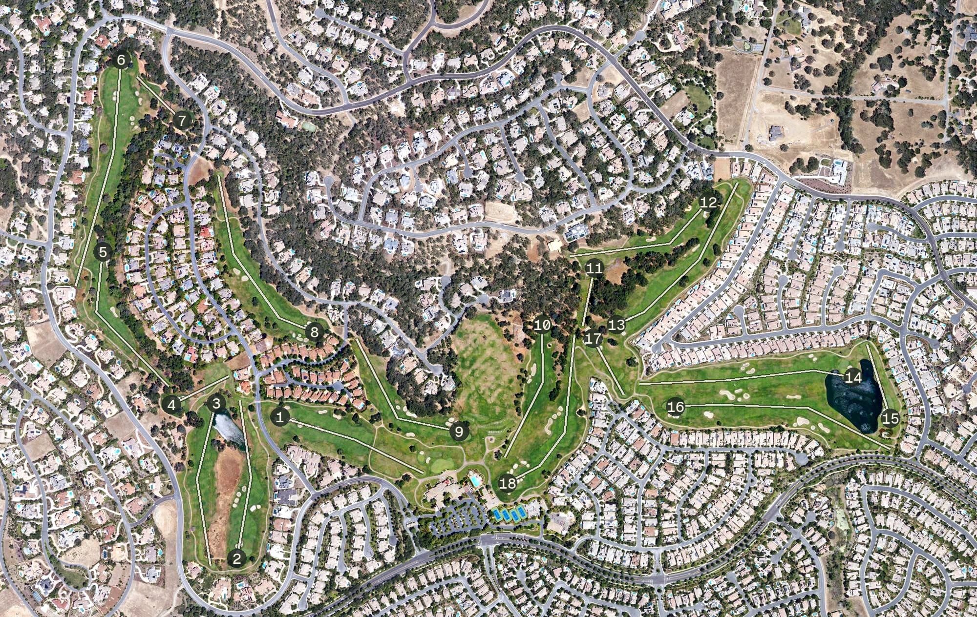 Aerial view of Serrano Country Club, CA, with its hole routing marked