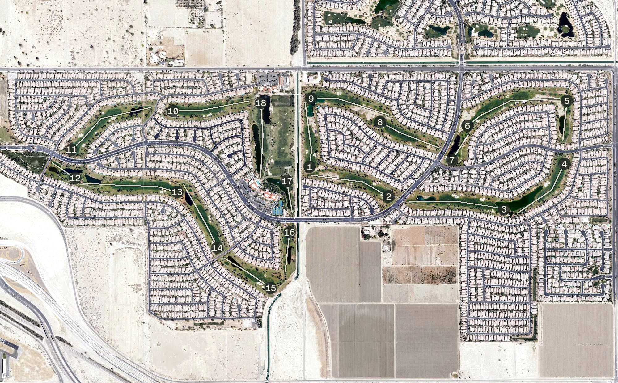 Aerial view of Shadow Hills Golf Club - South Course, CA, with its hole routing marked