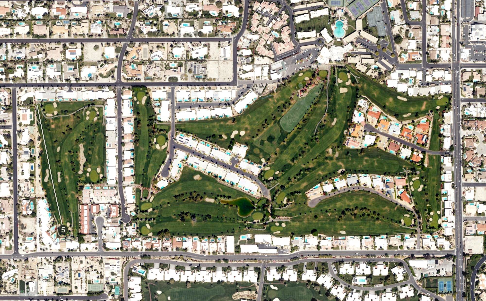 Aerial view of Shadow Mountain Golf Club, CA, with its hole routing marked