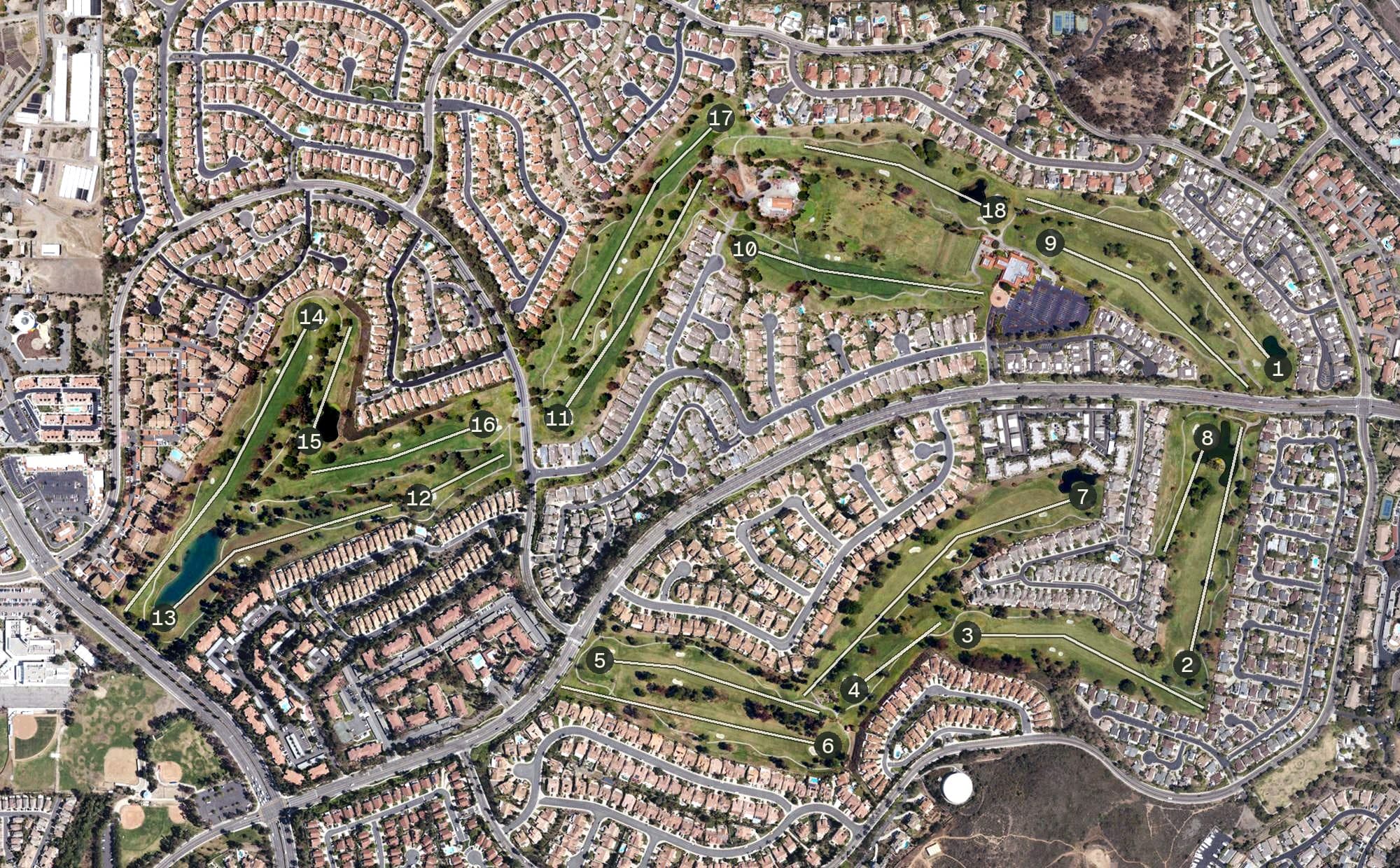 Aerial view of Shadowridge Country Club, CA, with its hole routing marked