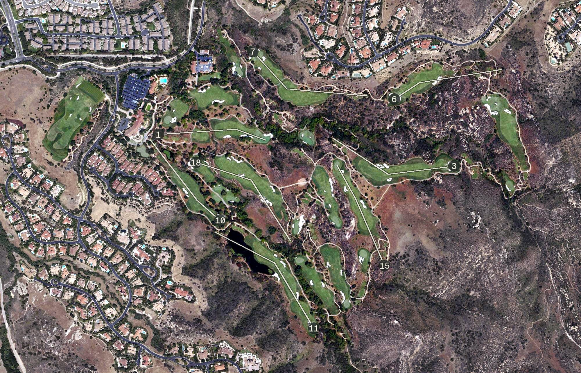 Aerial view of Shady Canyon Golf Club, CA, with its hole routing marked