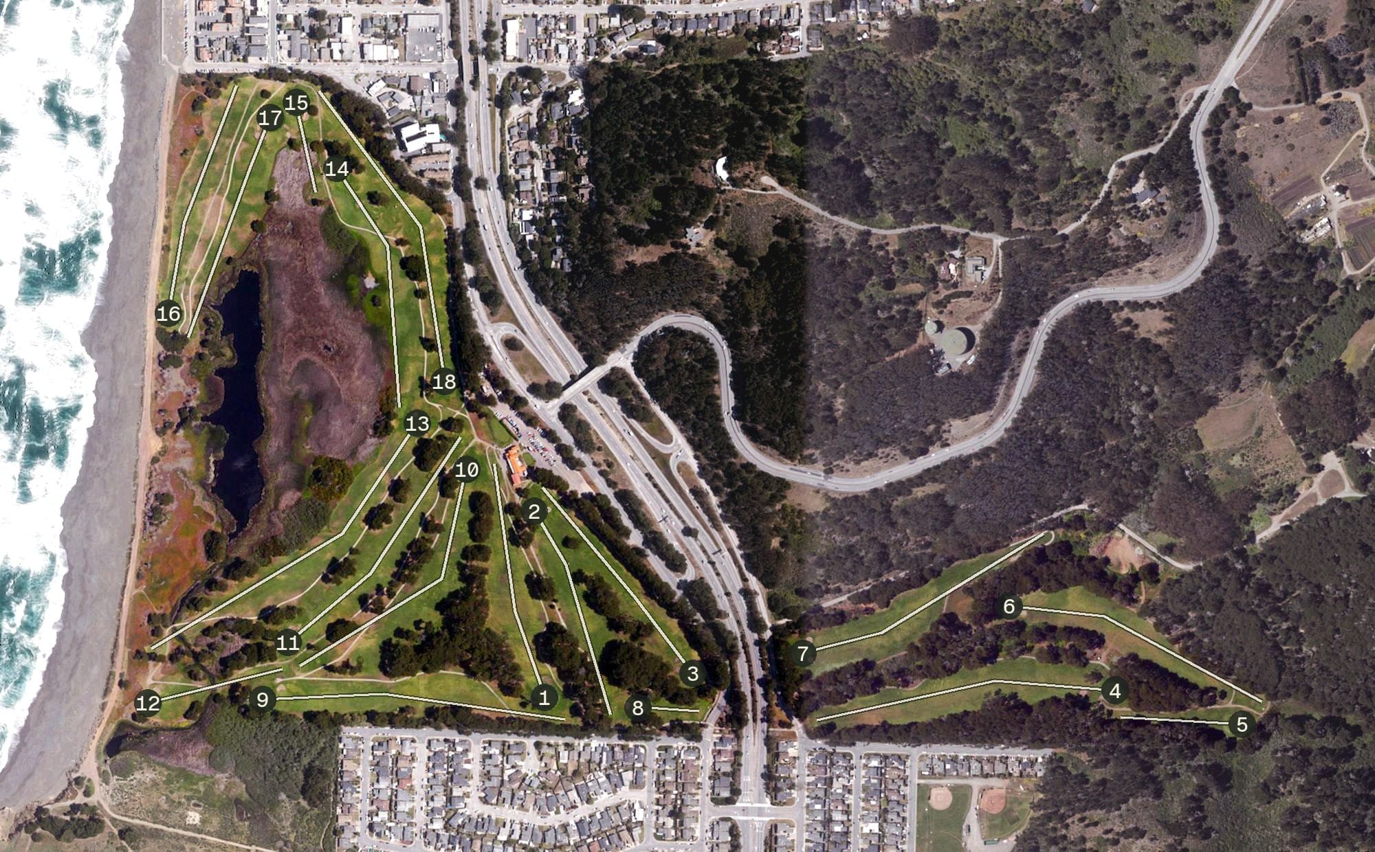 Aerial view of Sharp Park Golf Course, CA, with its hole routing marked
