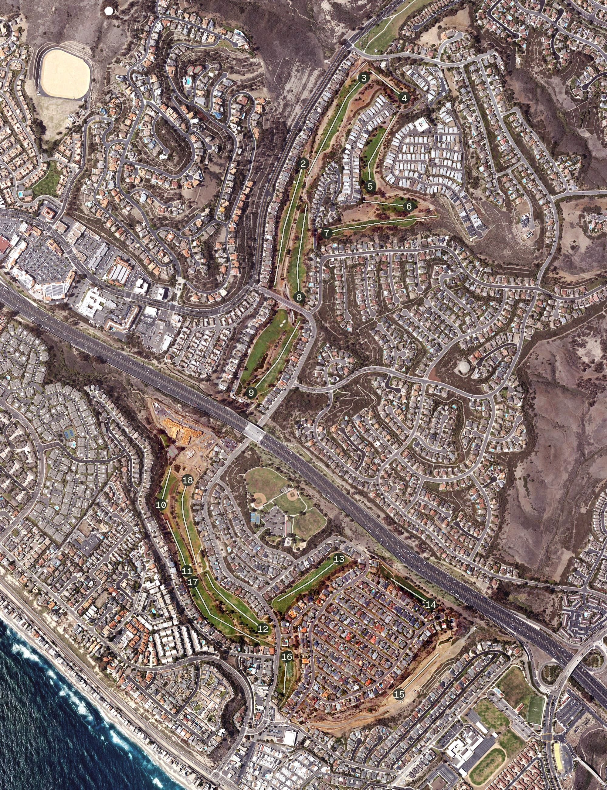 Aerial view of Shorecliffs Golf Club, CA, with its hole routing marked
