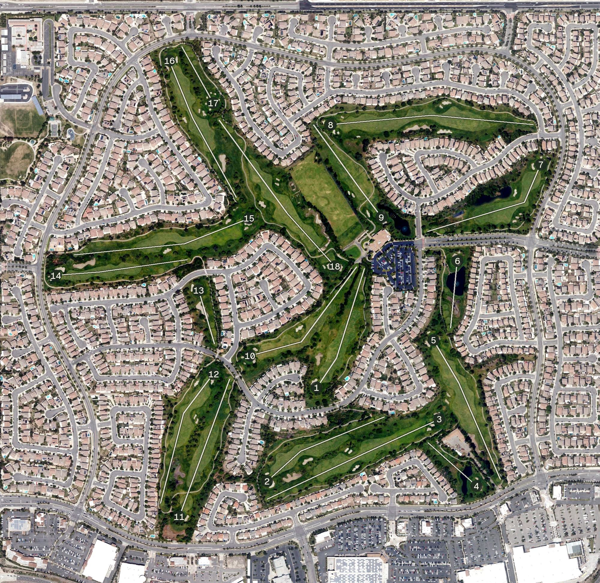 Aerial view of Sierra Lakes, CA, with its hole routing marked