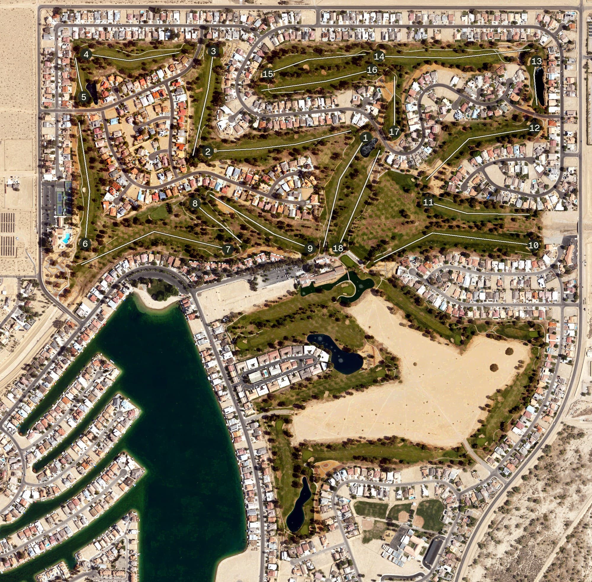 Aerial view of Silver Lakes Golf Course, CA, with its hole routing marked