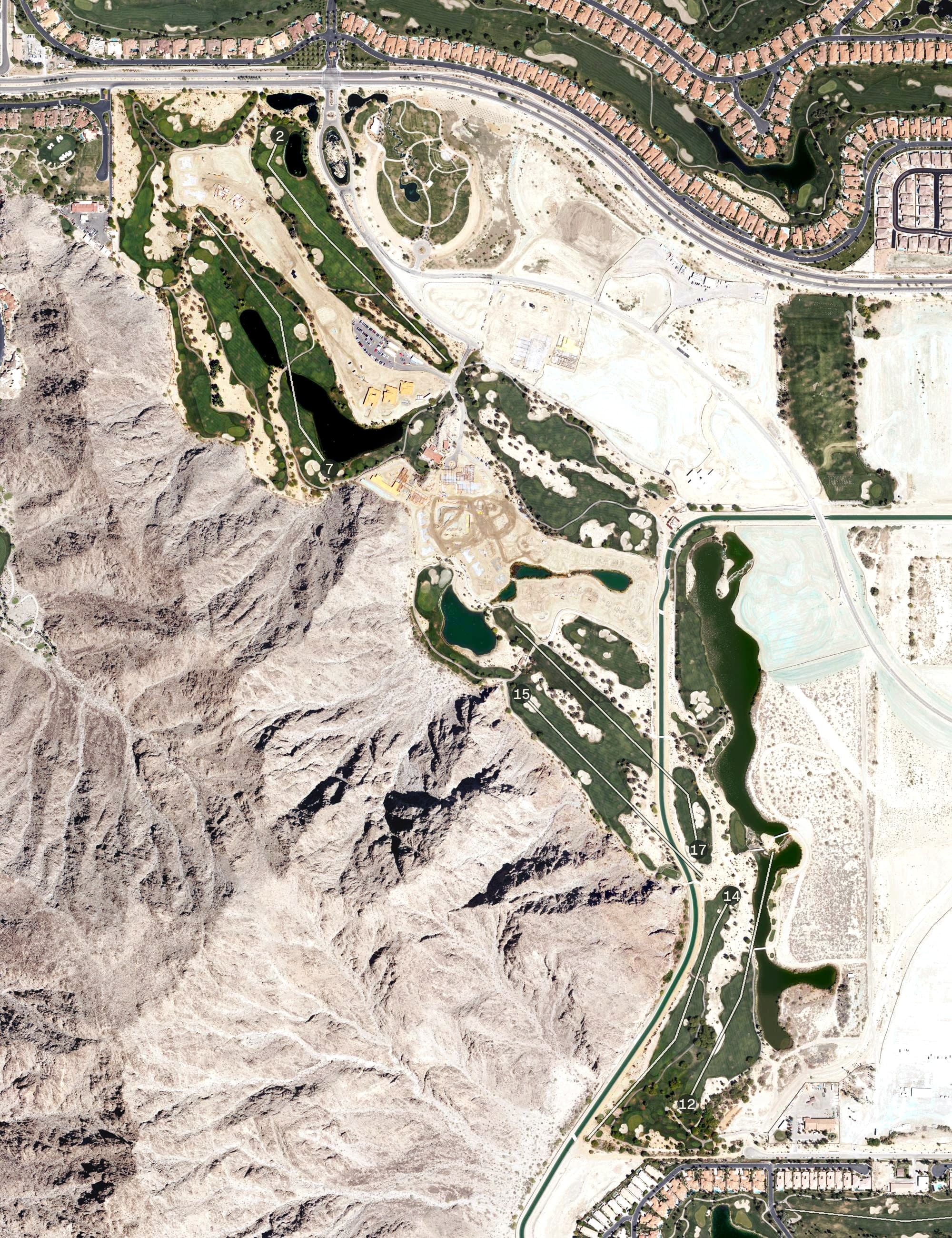 Aerial view of Silver Rock Resort Golf Club, CA, with its hole routing marked
