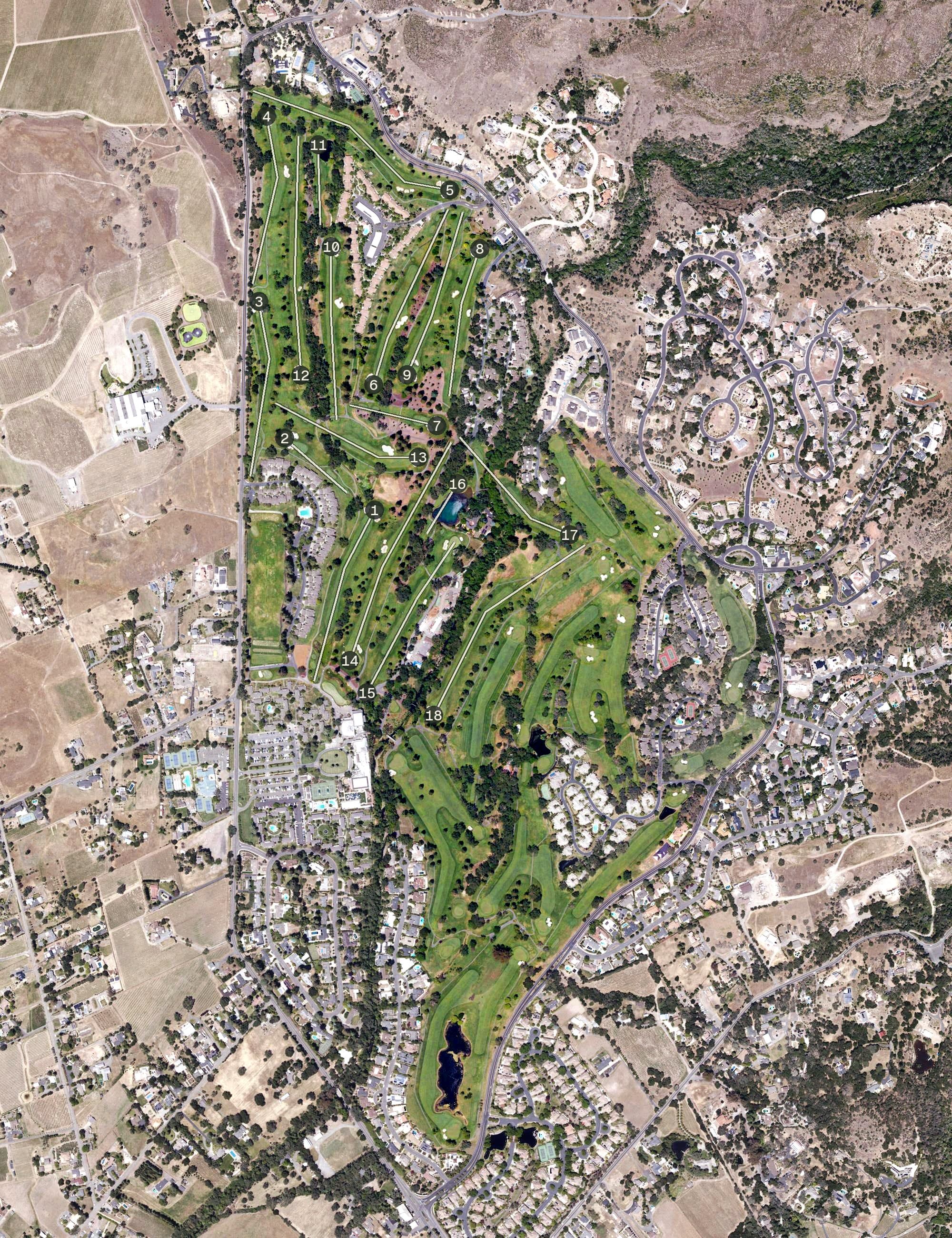 Aerial view of Silverado Resort, CA, with its hole routing marked