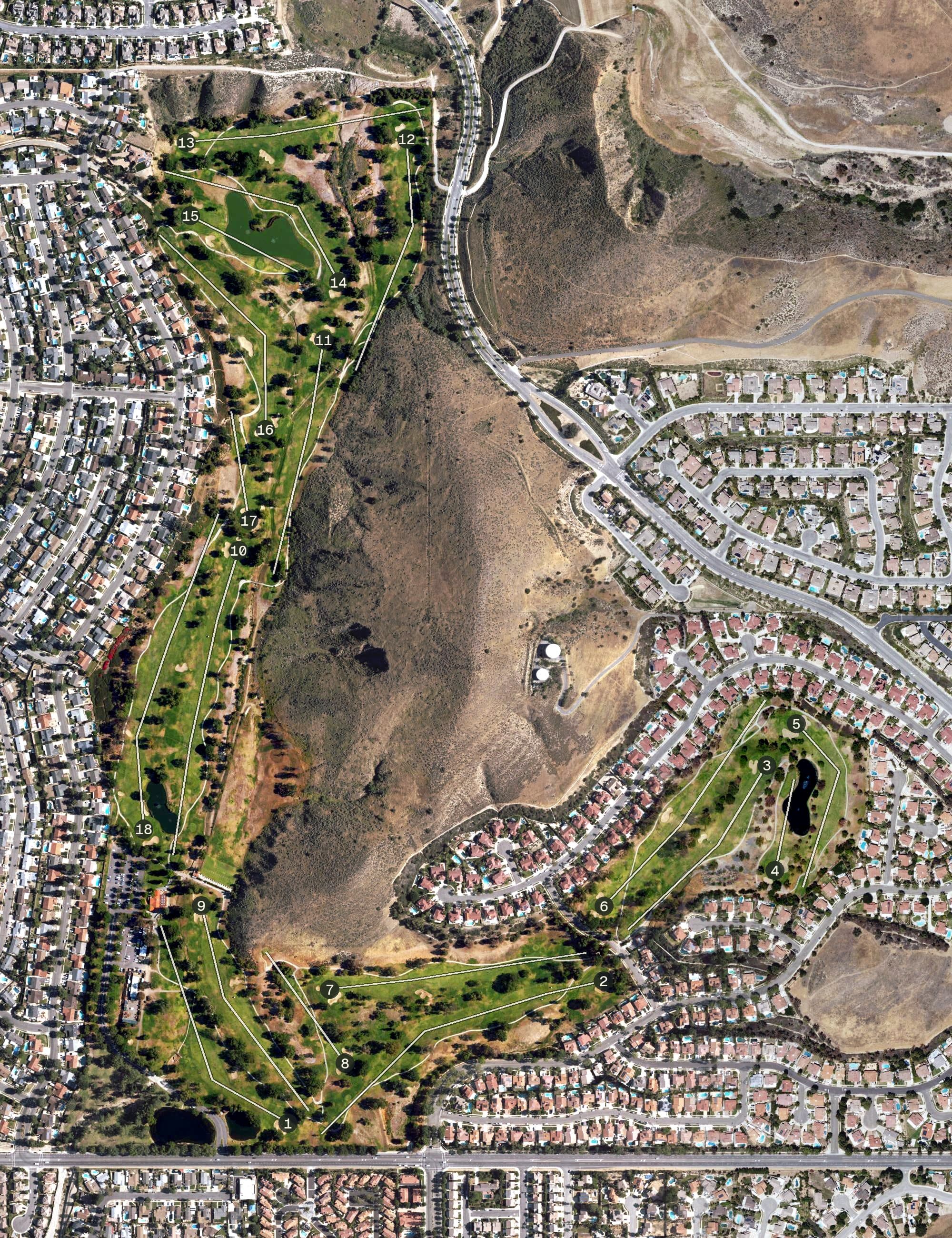 Aerial view of Simi Hills Golf Course, CA, with its hole routing marked