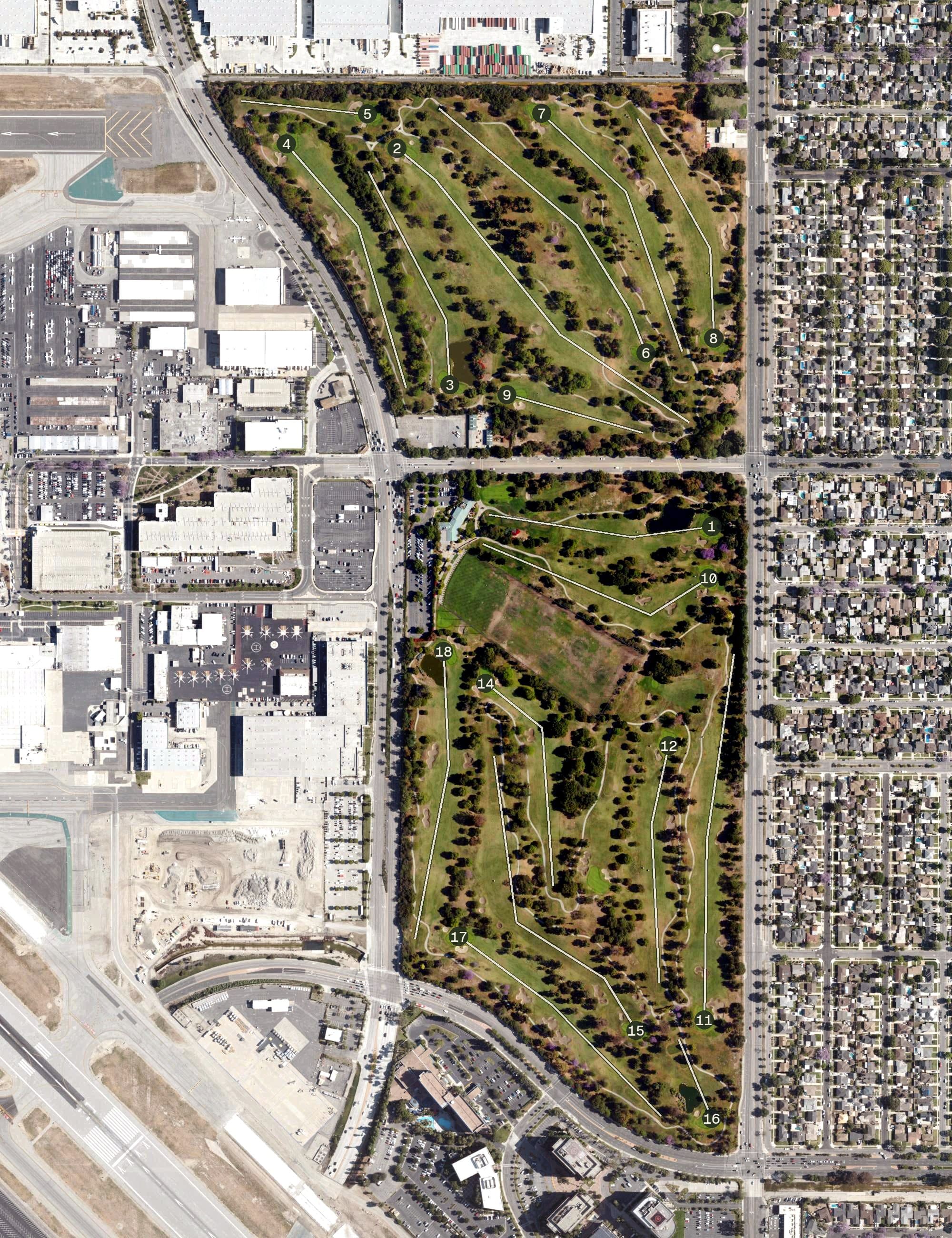 Aerial view of Skylinks Golf Course, CA, with its hole routing marked