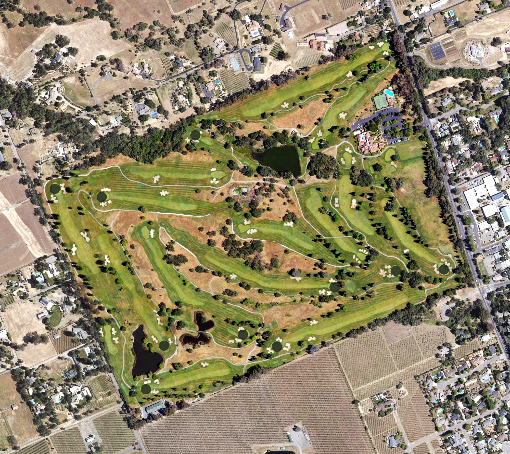 Aerial view of Sonoma Golf Club, CA, with its hole routing marked