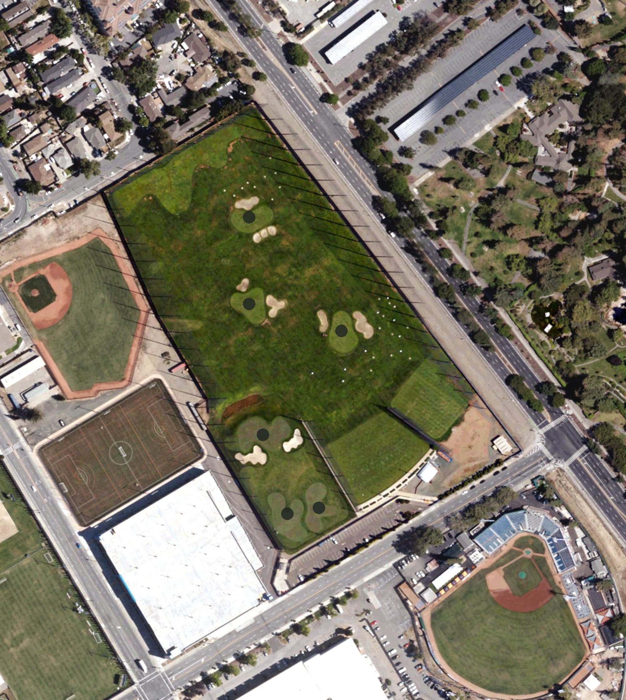 Aerial view of Spartan Golf Complex, CA, with its hole routing marked