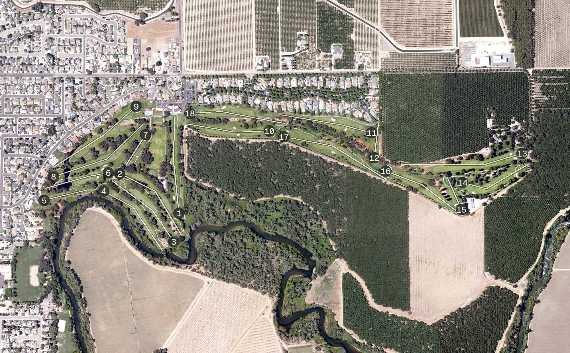 Aerial view of Spring Creek Golf & Country Club, CA, with its hole routing marked