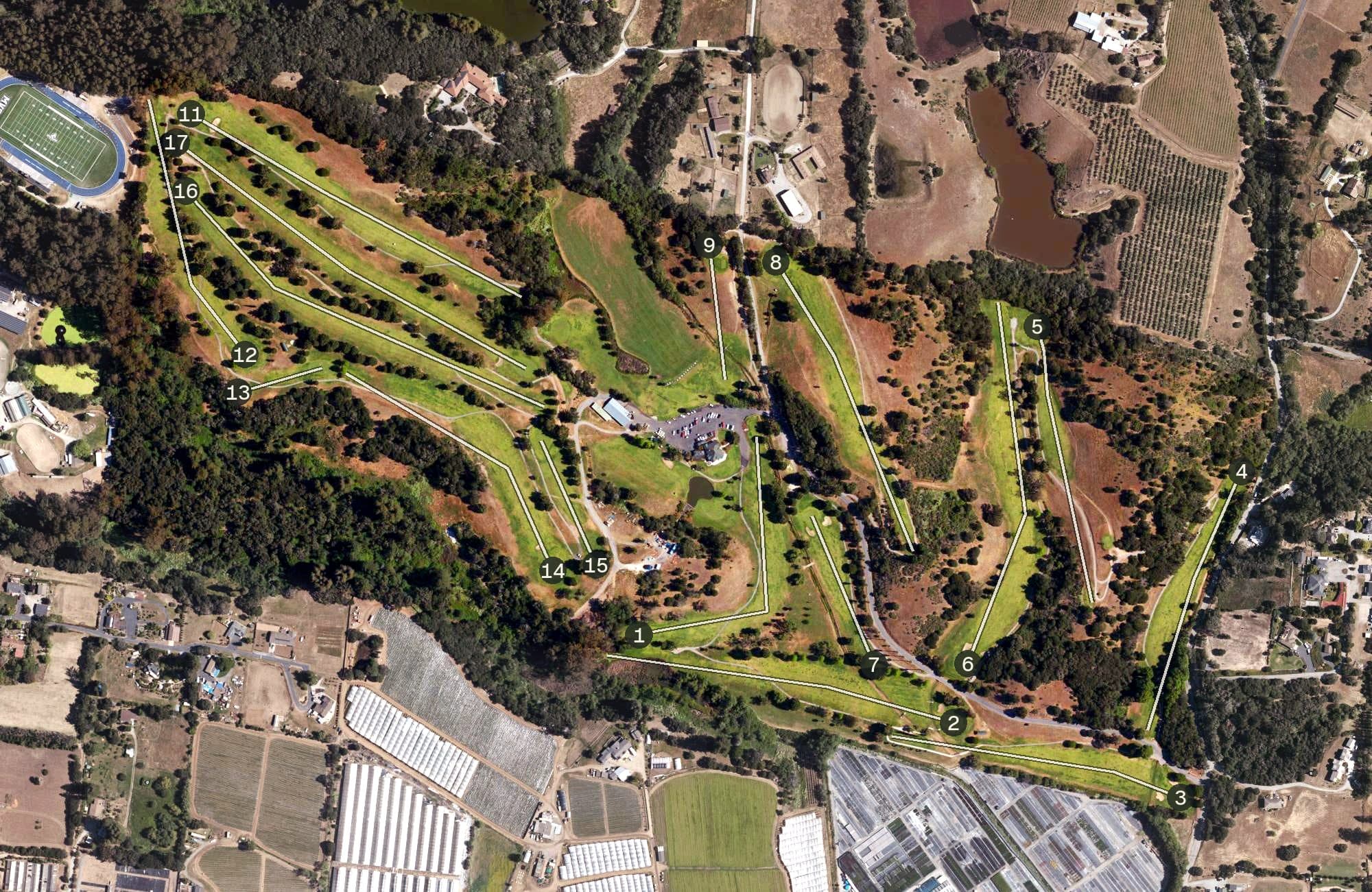 Aerial view of Spring Hills Golf Course, CA, with its hole routing marked