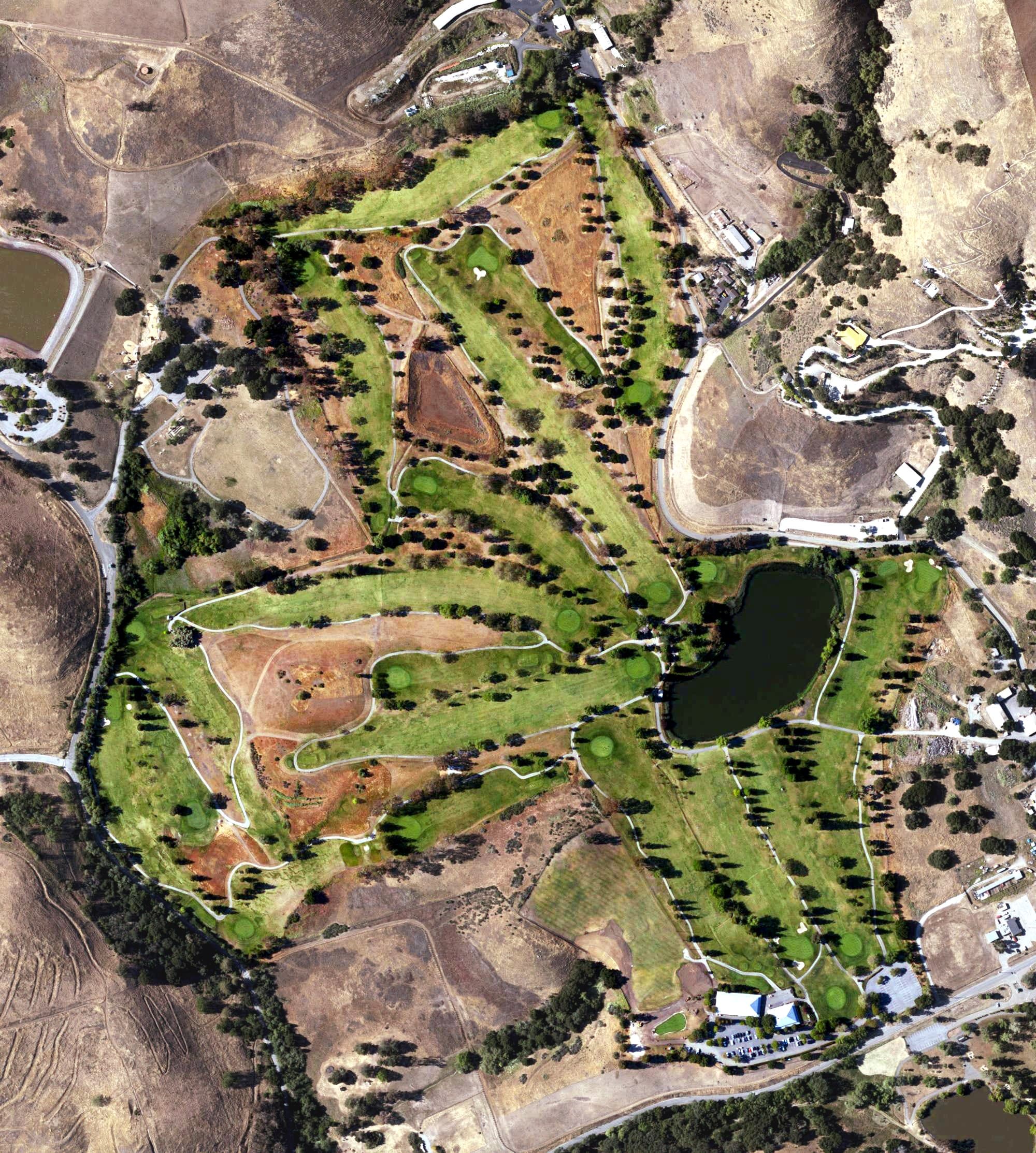 Aerial view of Spring Valley Golf Course, CA, with its hole routing marked