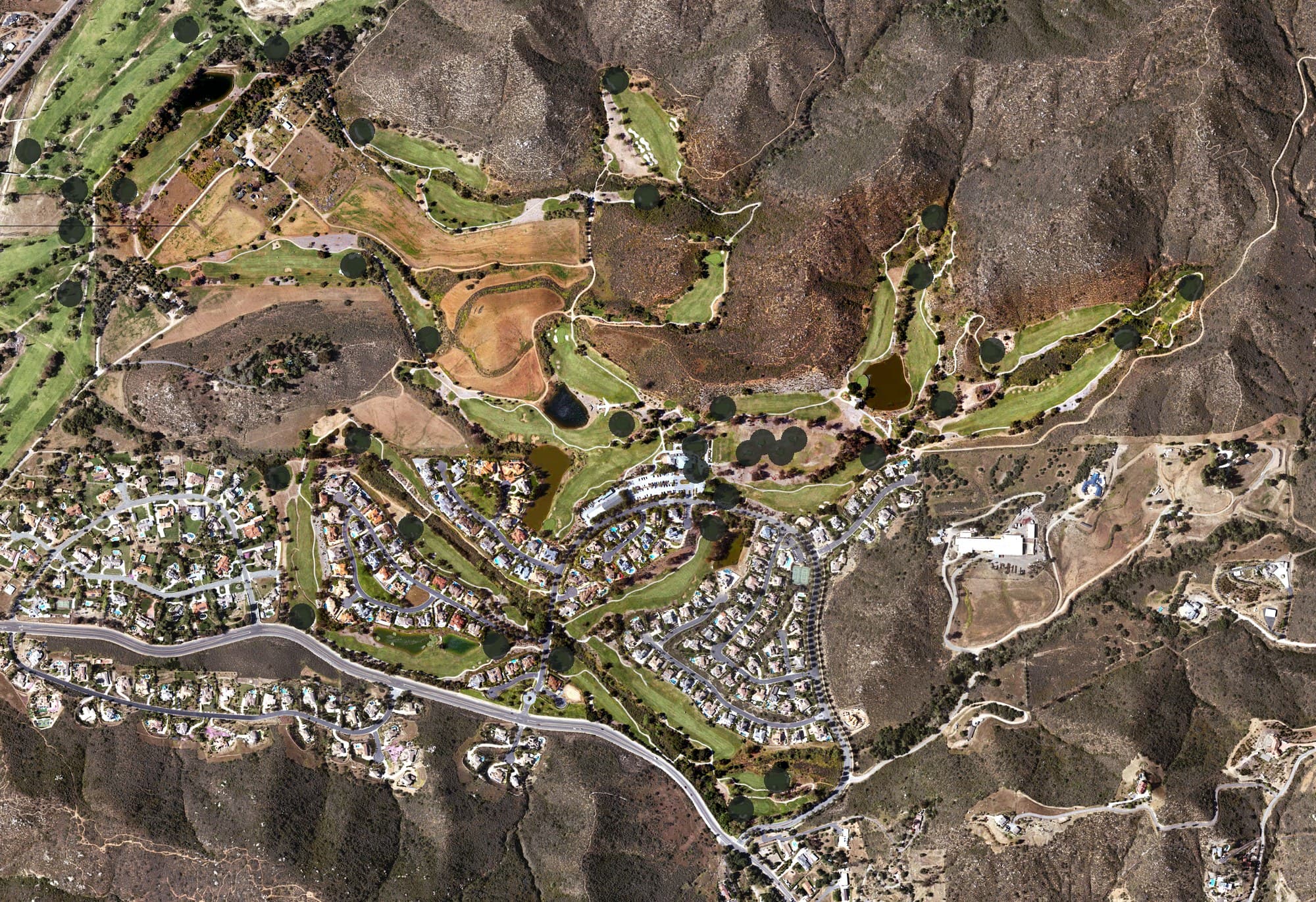 Aerial view of Steele Canyon Golf, CA, with its hole routing marked
