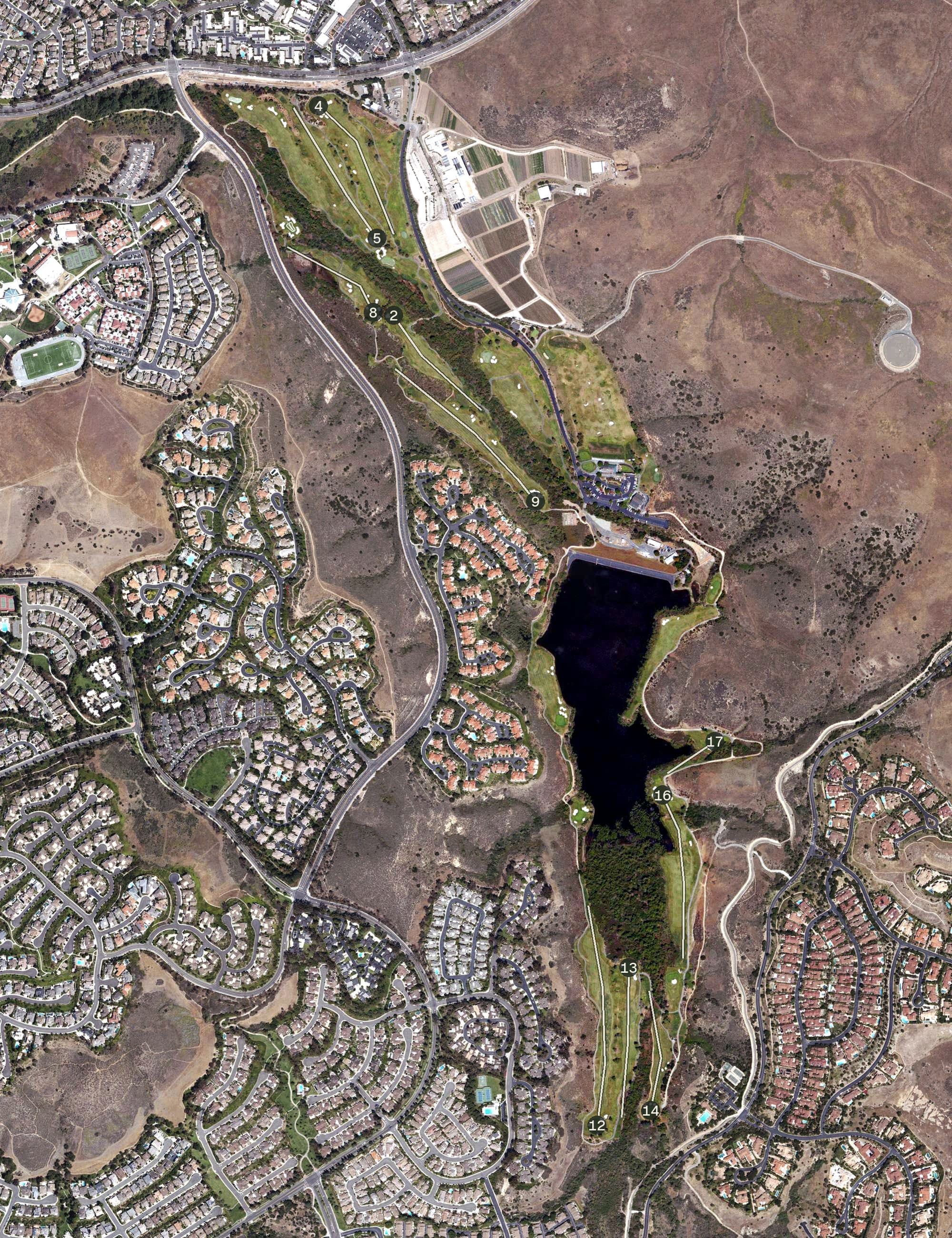 Aerial view of Strawberry Farms Golf Club, CA, with its hole routing marked