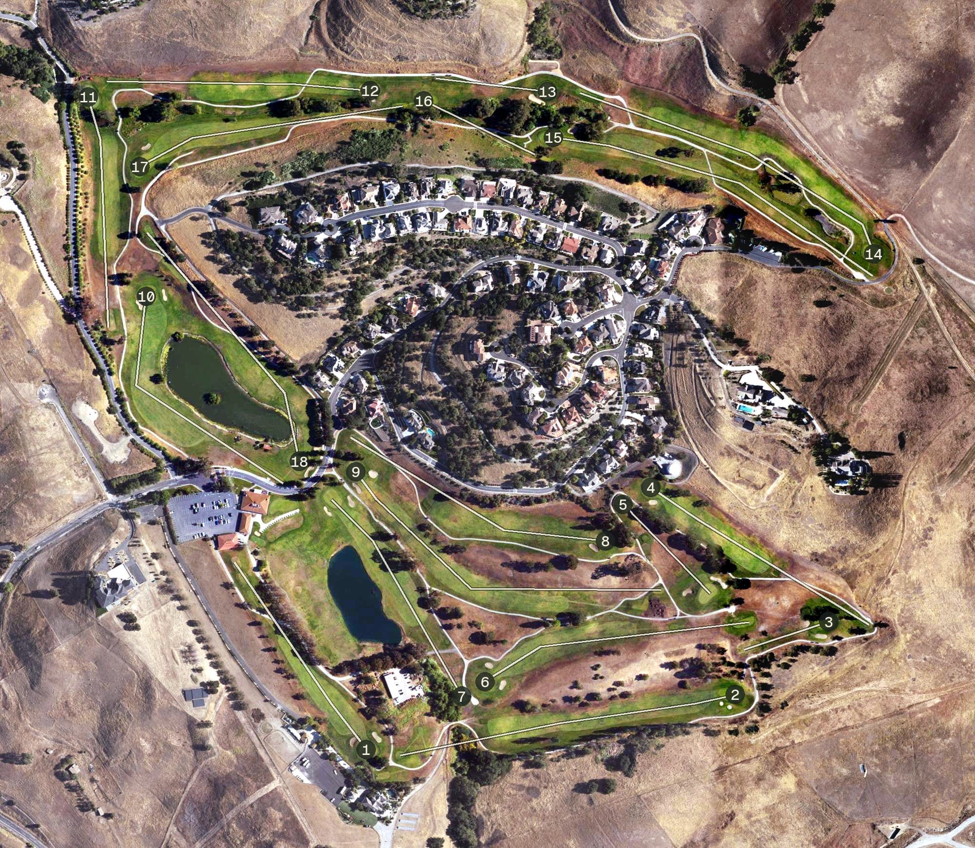 Aerial view of Summit Ponte Golf Club, CA, with its hole routing marked