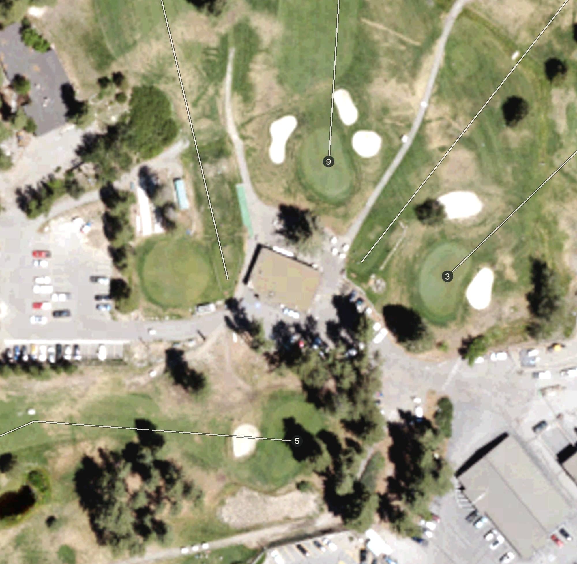 Aerial view of Tahoe City Golf Course, CA, with its hole routing marked