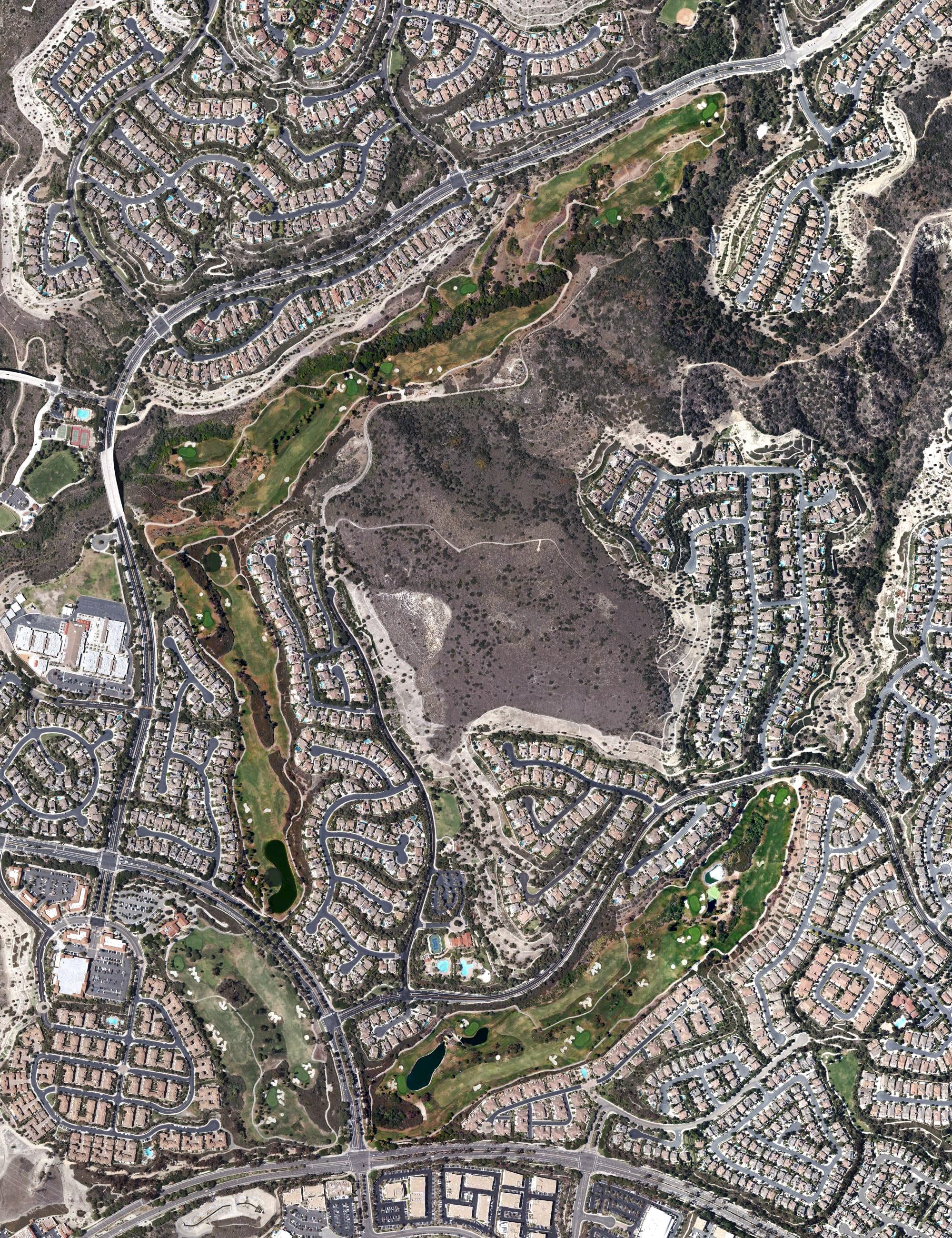 Aerial view of Talega Golf Club, CA, with its hole routing marked