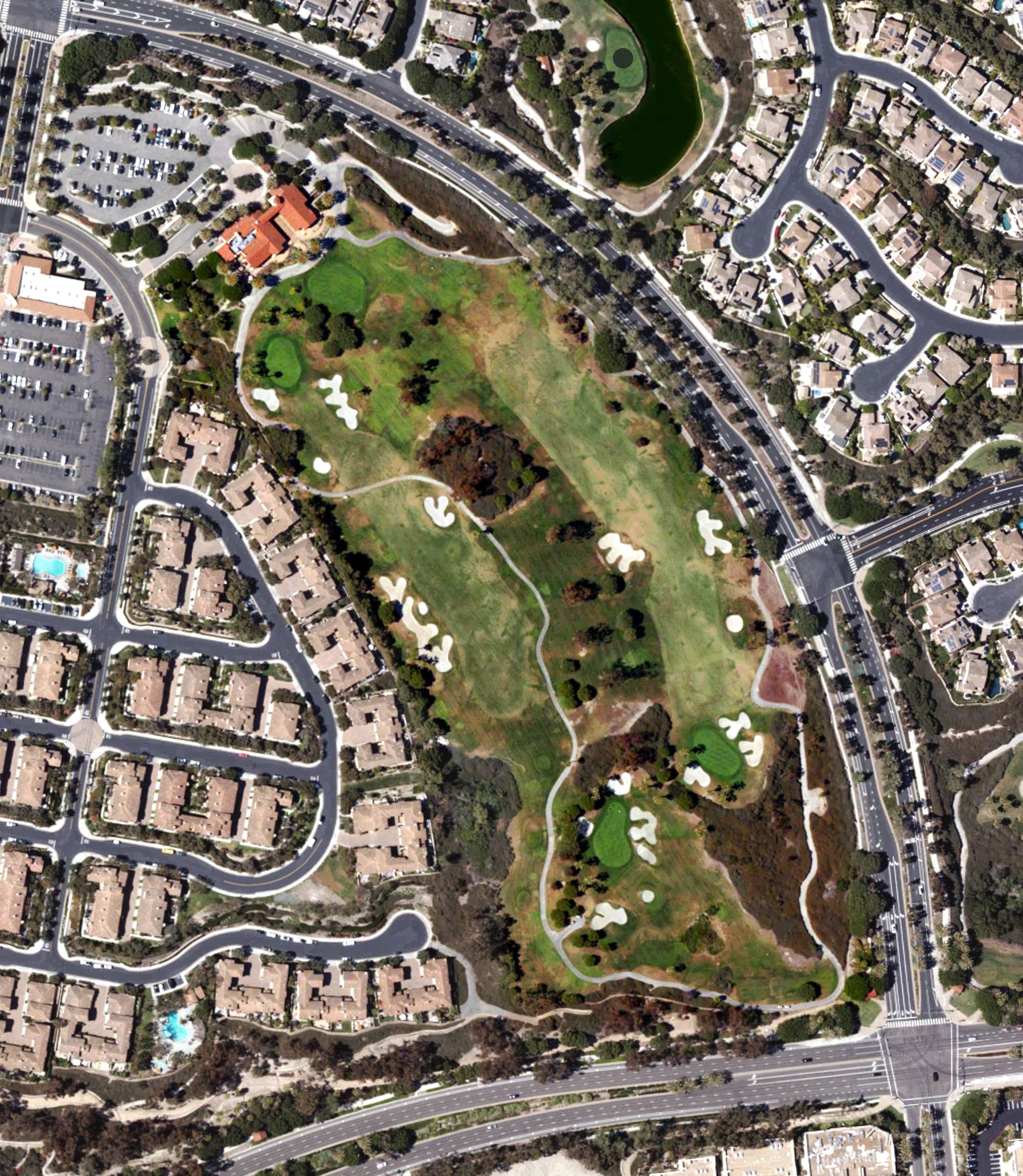 Aerial view of Talega Golf Club, CA, with its hole routing marked