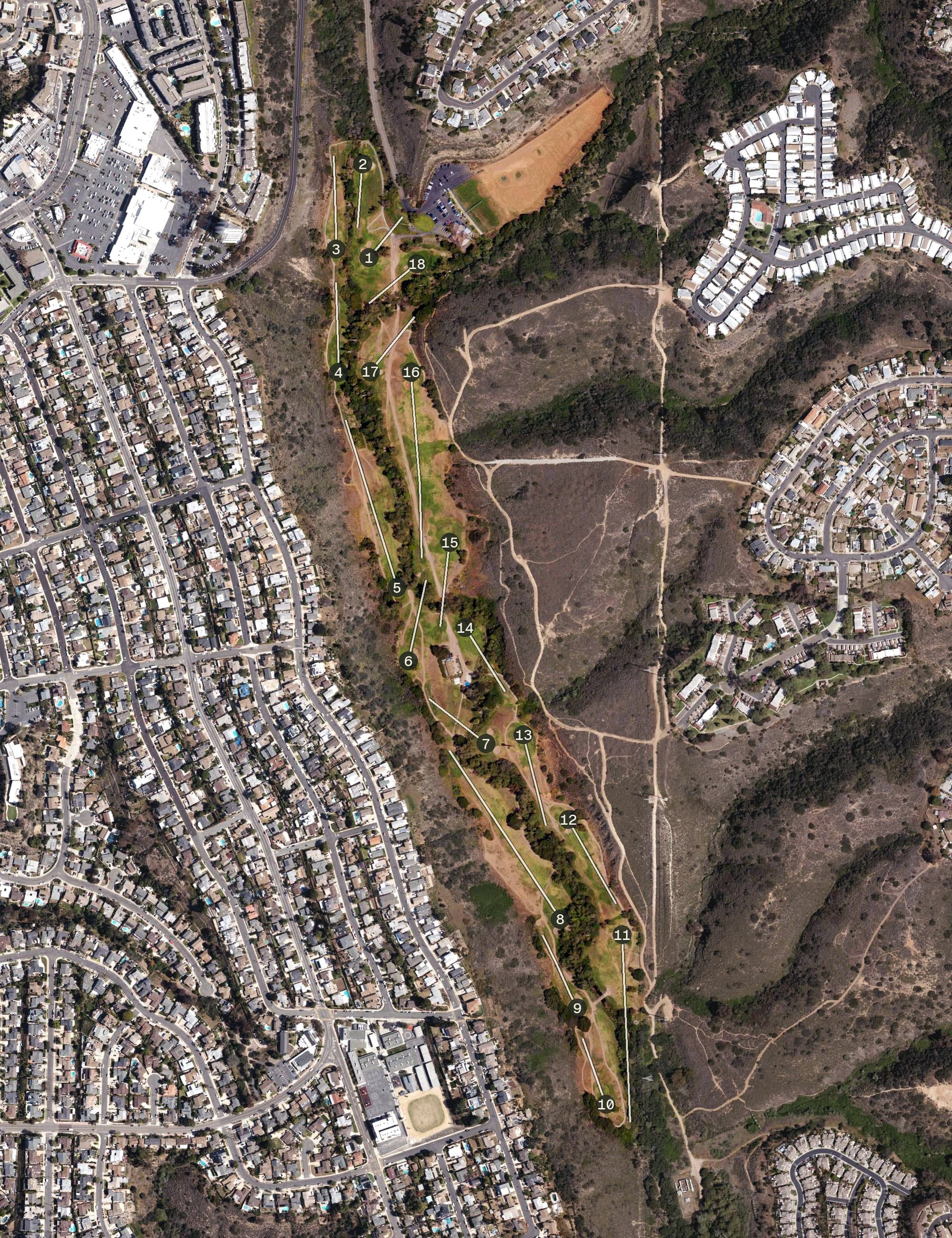Aerial view of Tecolote Canyon Golf Course, CA, with its hole routing marked