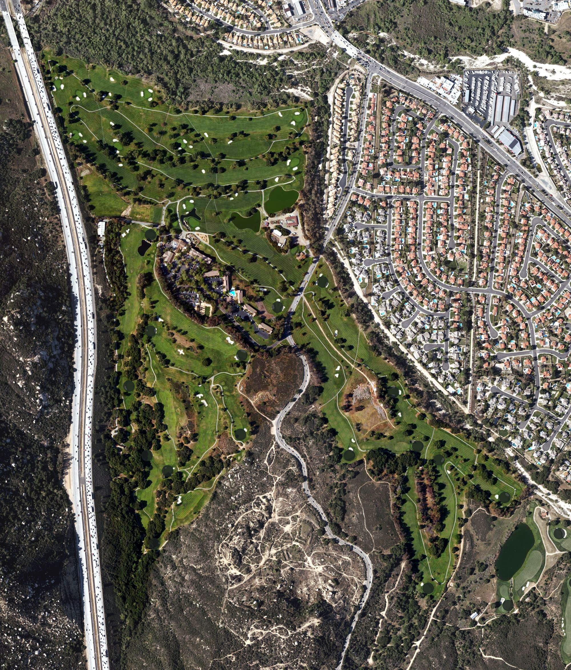 Aerial view of Temecula Creek Inn Golf Course, CA, with its hole routing marked