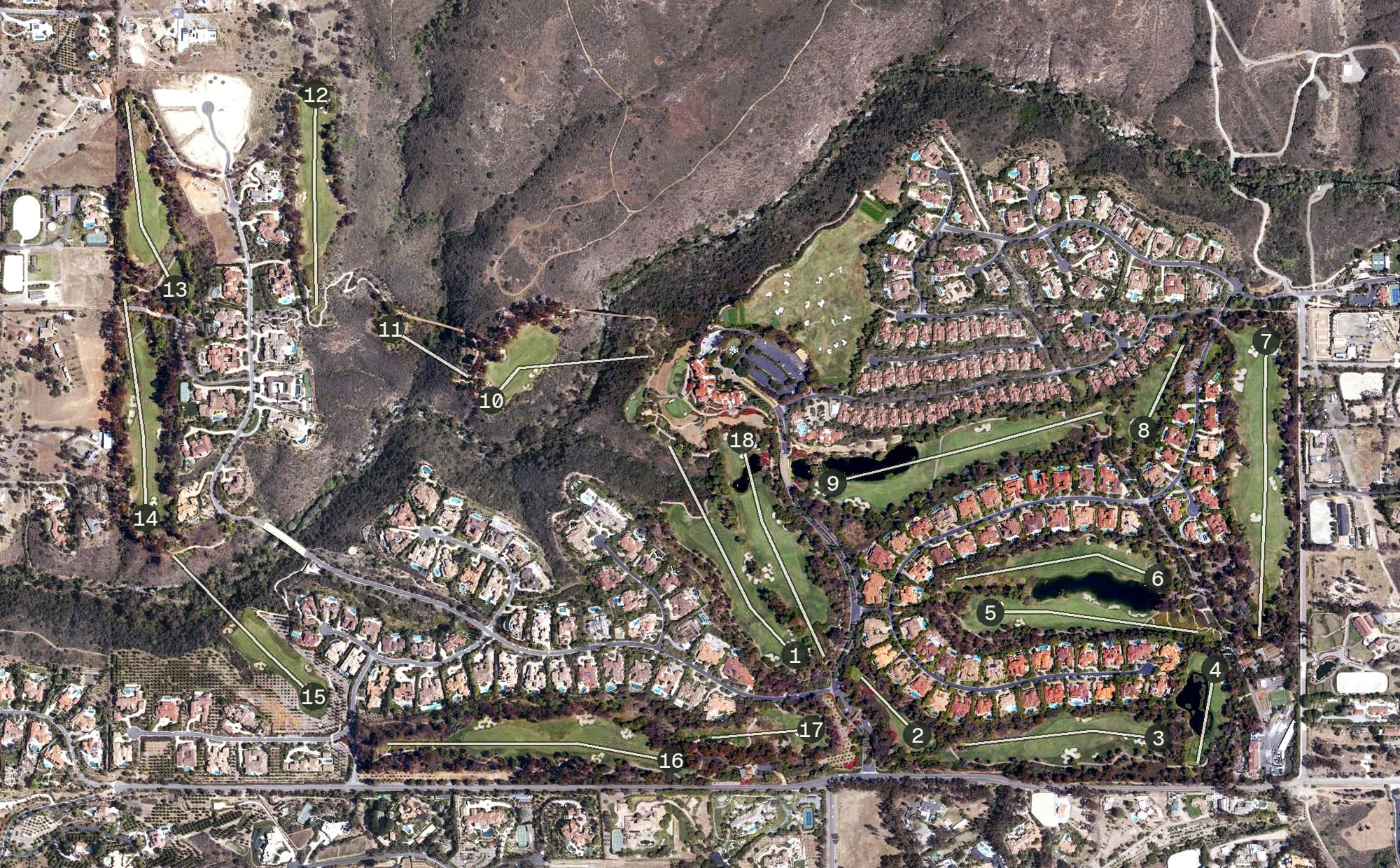 Aerial view of The Bridges at Rancho Santa Fe, CA, with its hole routing marked