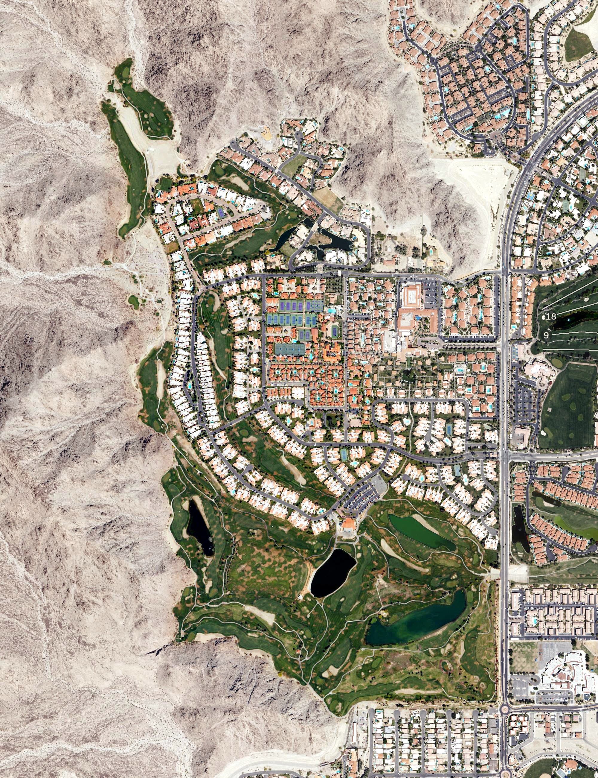 Aerial view of The Citrus Club at La Quinta Resort - Mountain Course, CA, with its hole routing marked