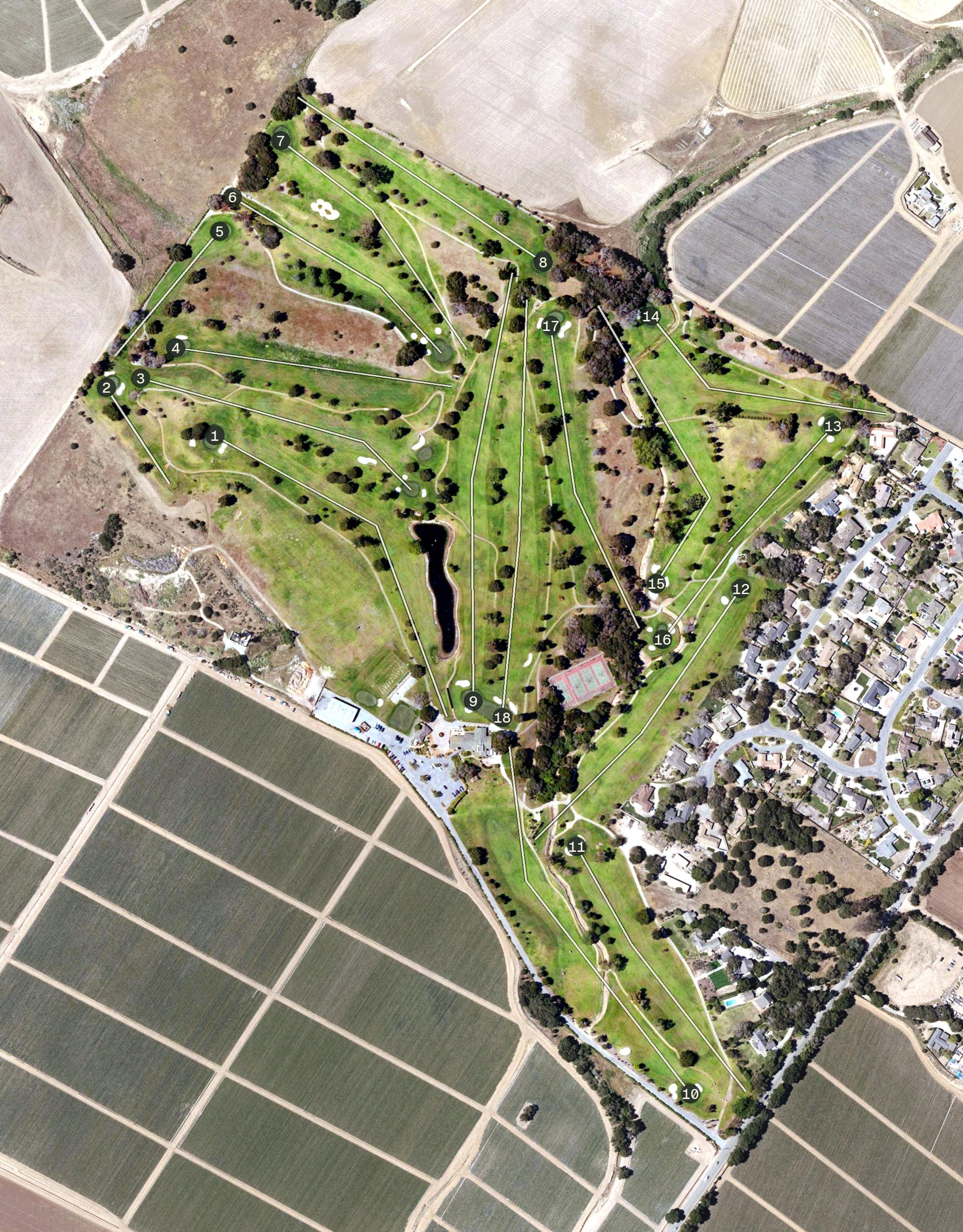 Aerial view of The Club at Crazy Horse Ranch, CA, with its hole routing marked