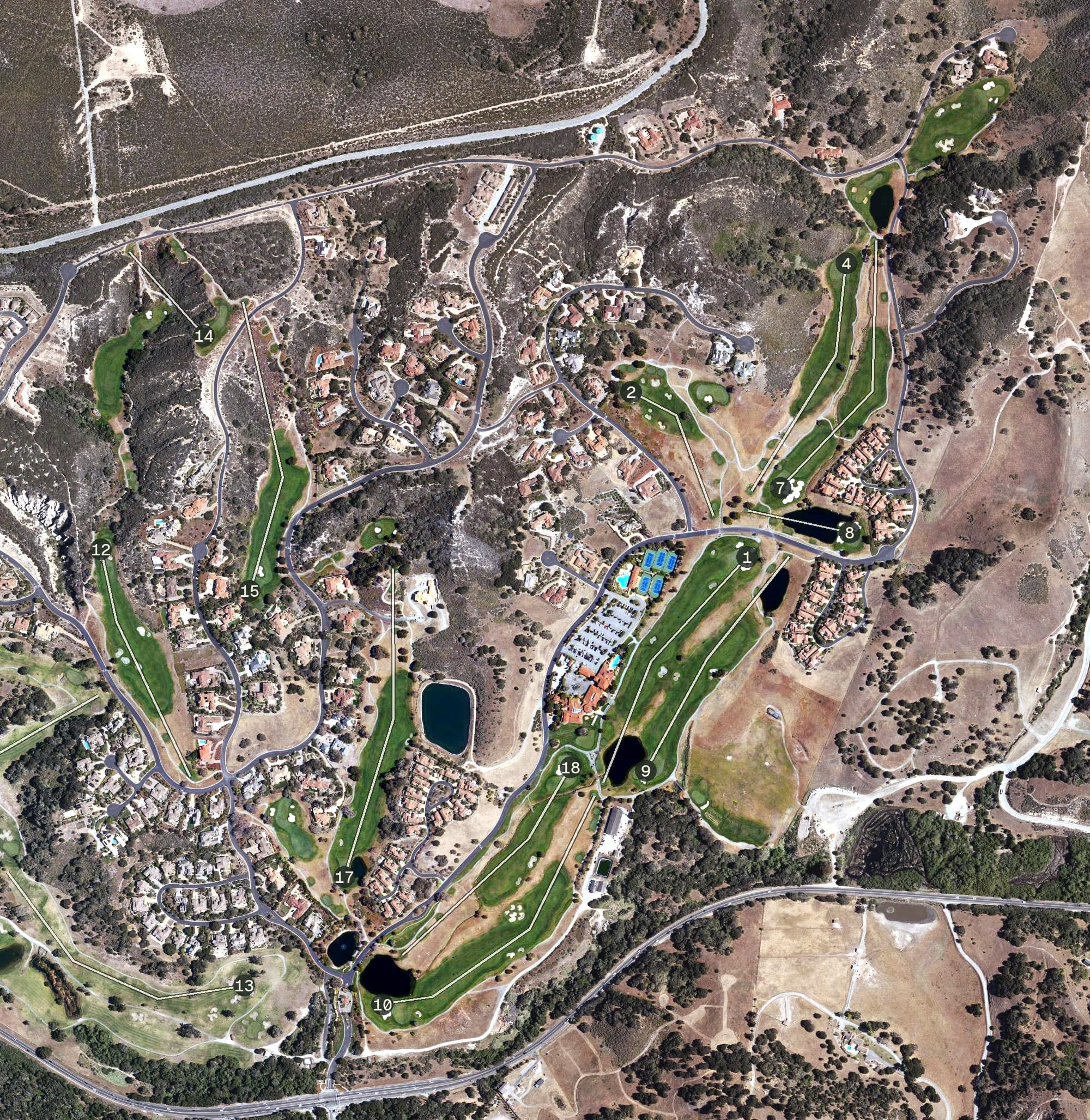 Aerial view of The Club at Pasadera, CA, with its hole routing marked