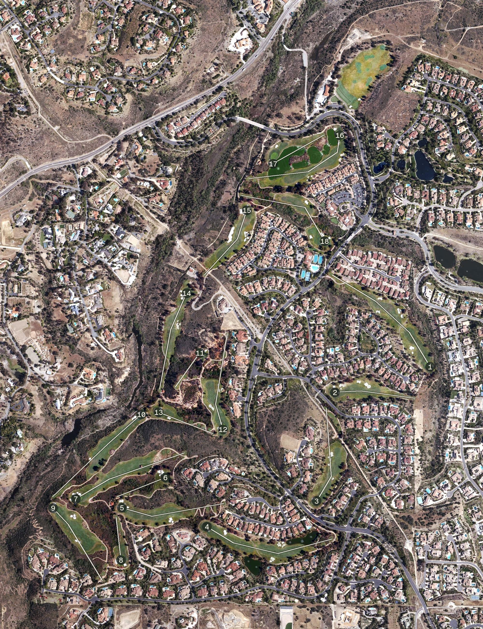 Aerial view of The Crosby Club, CA, with its hole routing marked