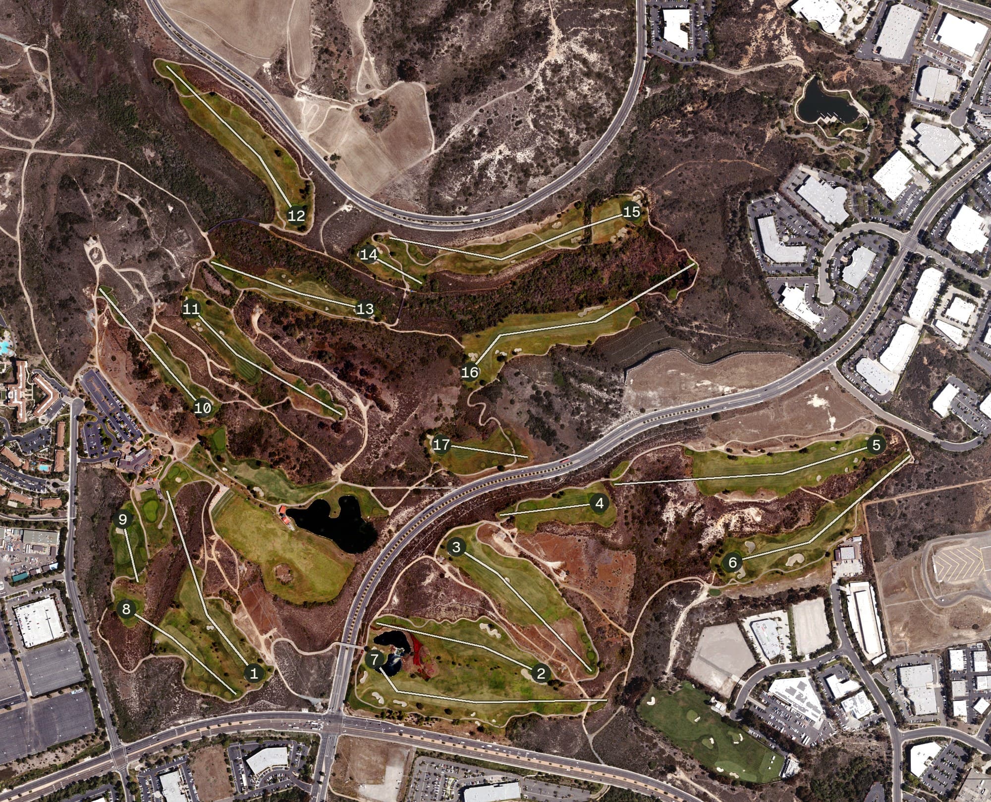 Aerial view of The Crossings at Carlsbad, CA, with its hole routing marked