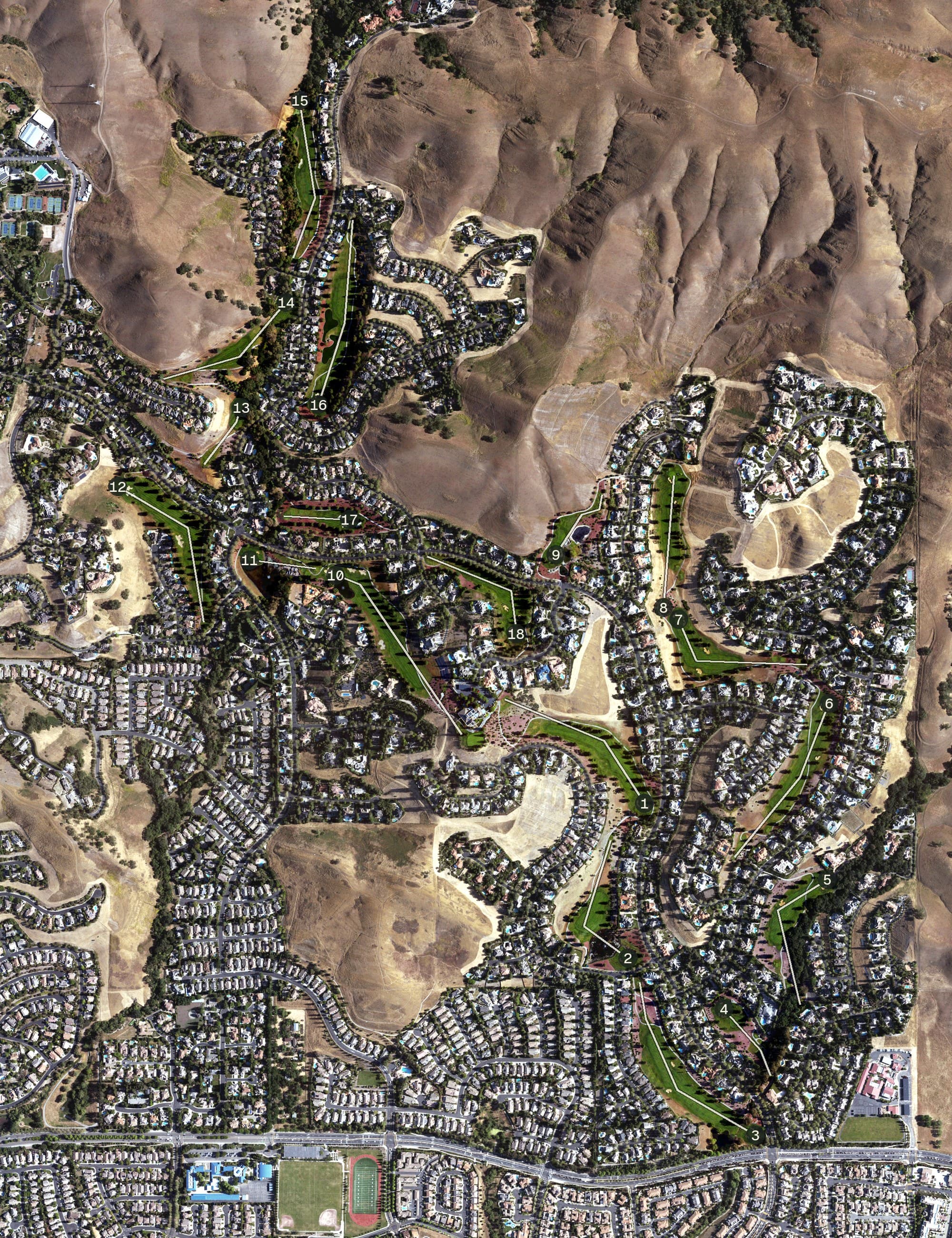 Aerial view of The Falls, CA, with its hole routing marked