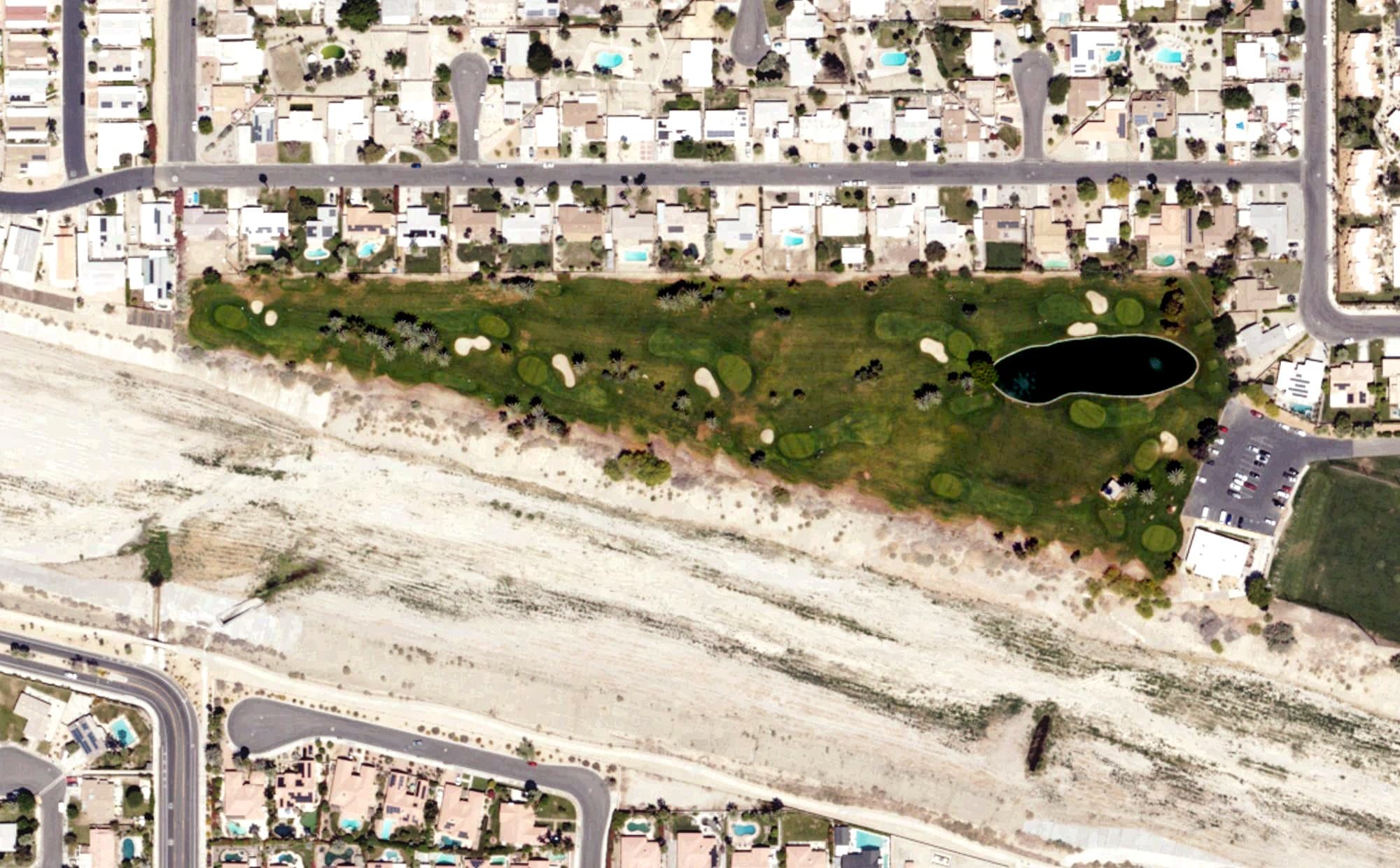 Aerial view of The Golf Center, CA, with its hole routing marked