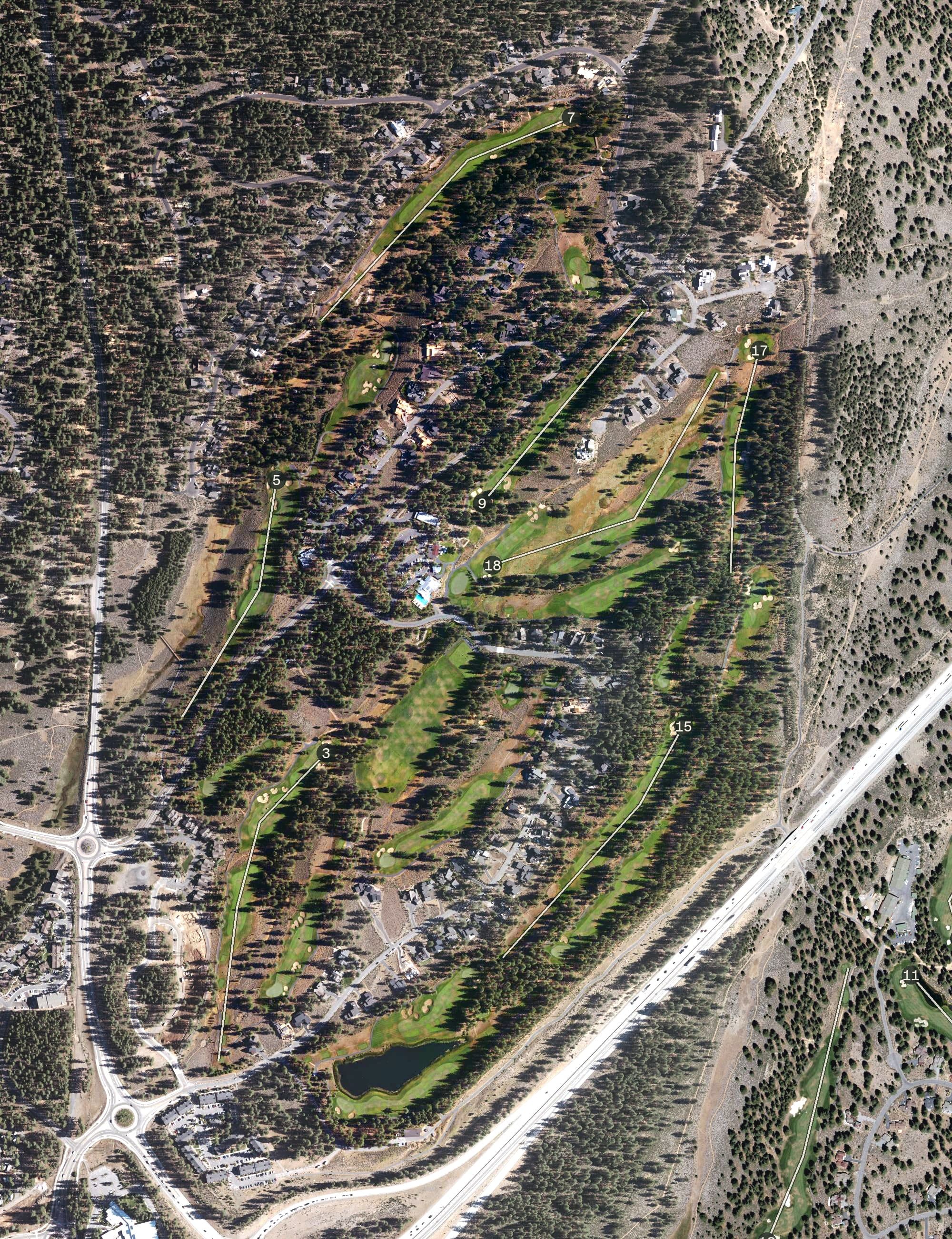Aerial view of The Golf Club at Gray's Crossing, CA, with its hole routing marked