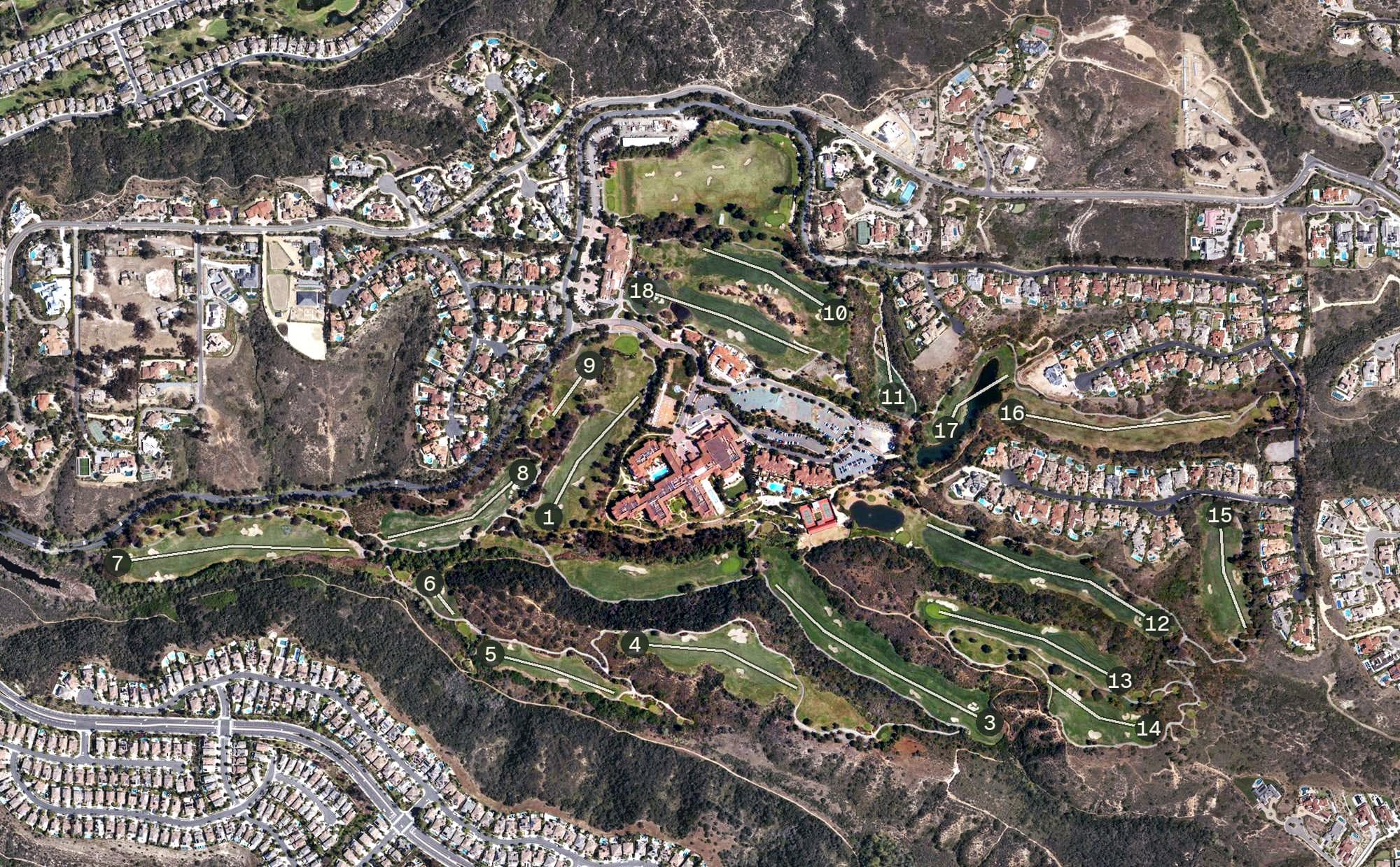 Aerial view of The Grand Golf Club, CA, with its hole routing marked