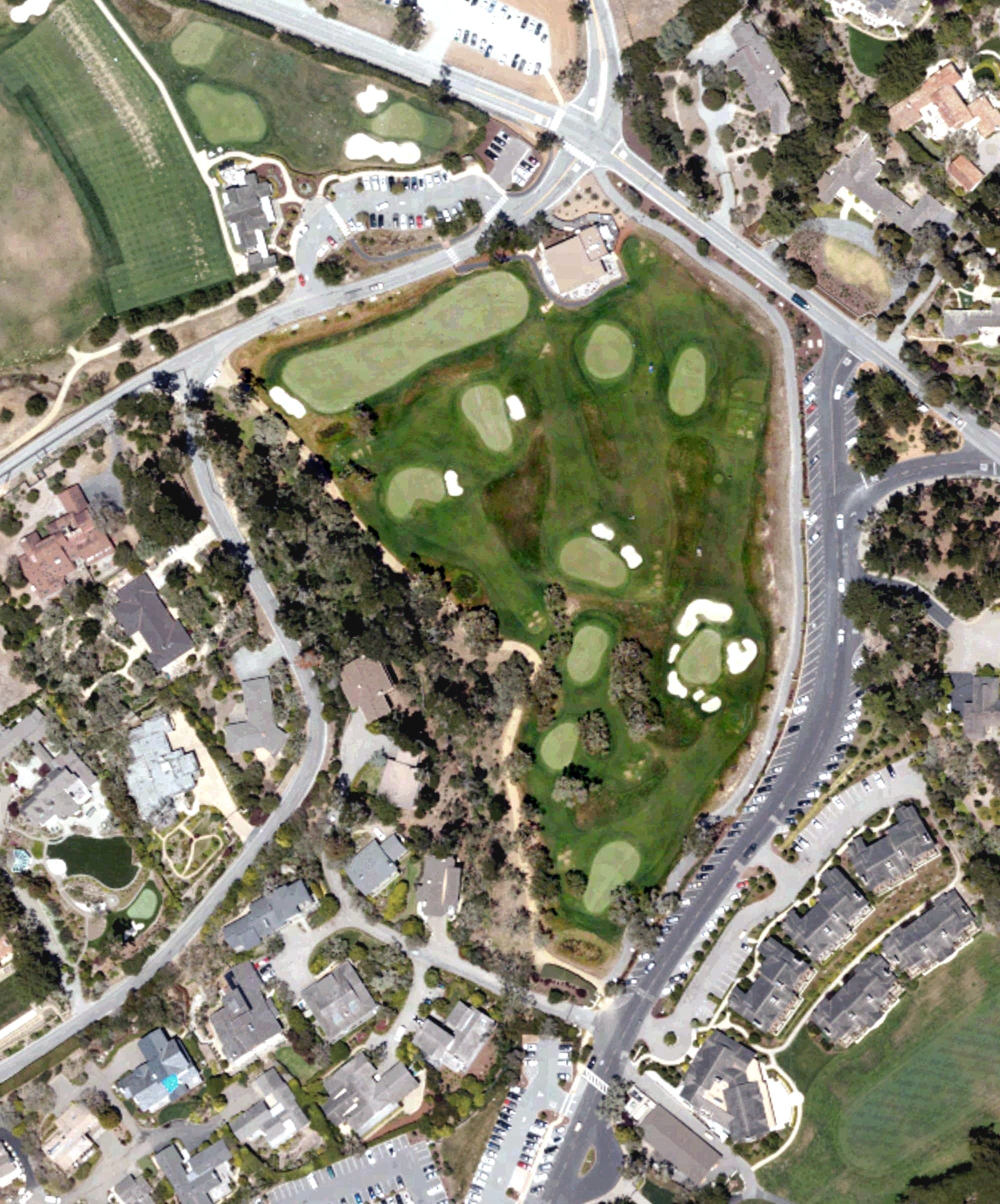 Aerial view of The Hay, CA, with its hole routing marked