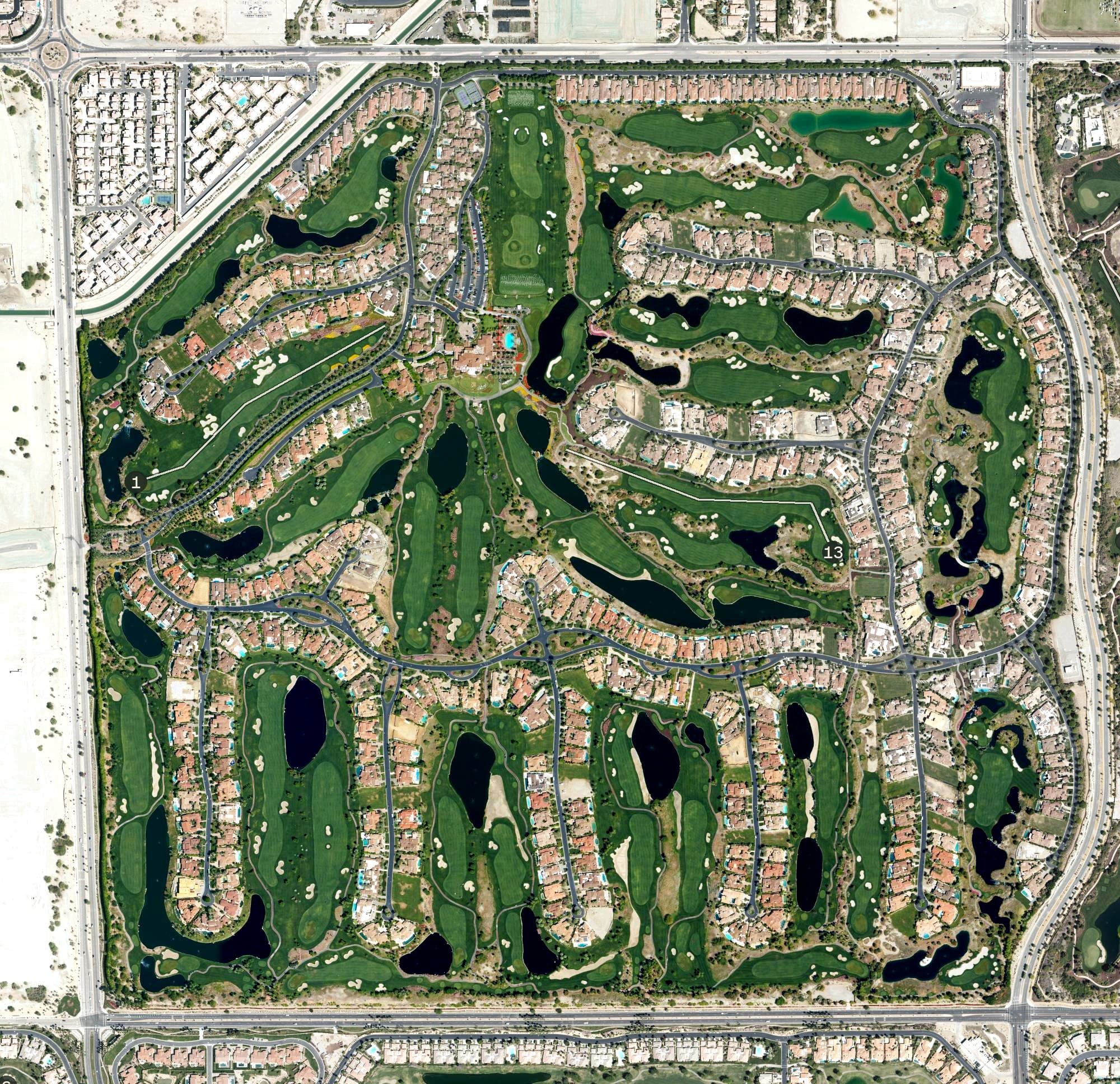 Aerial view of The Hideaway (Pete Dye & Clive Clark Courses), CA, with its hole routing marked