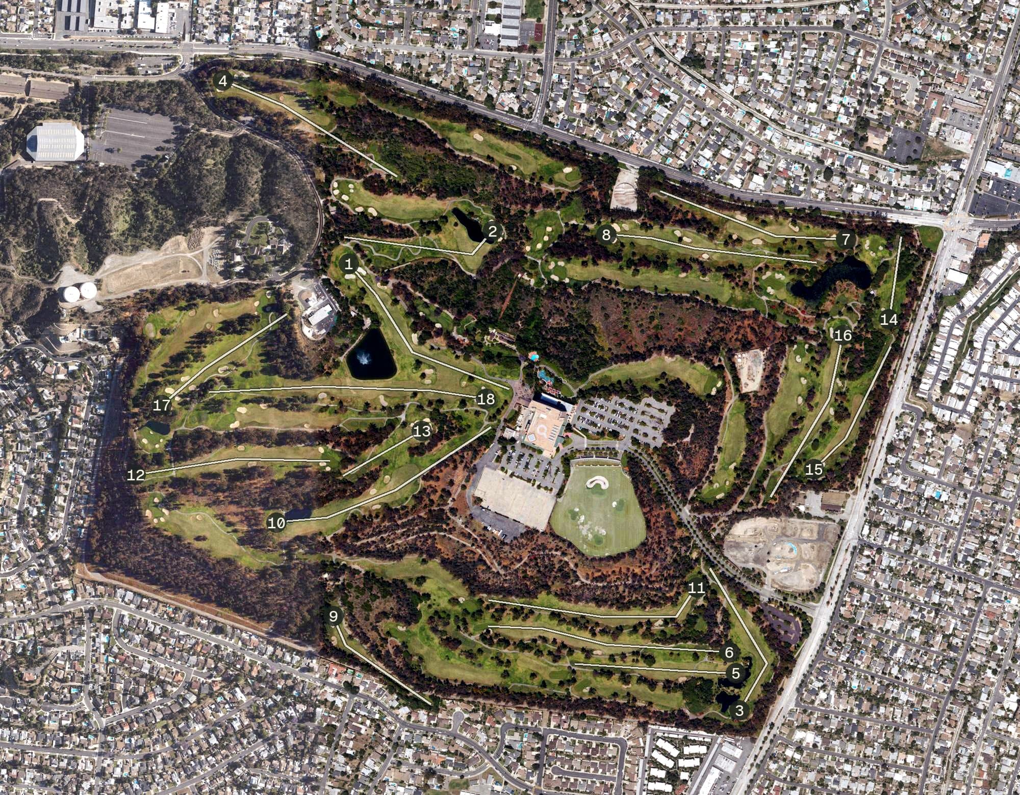 Aerial view of The Industry Hills Golf Club (Dwight D Eisenhower & Babe Zaharias), CA, with its hole routing marked