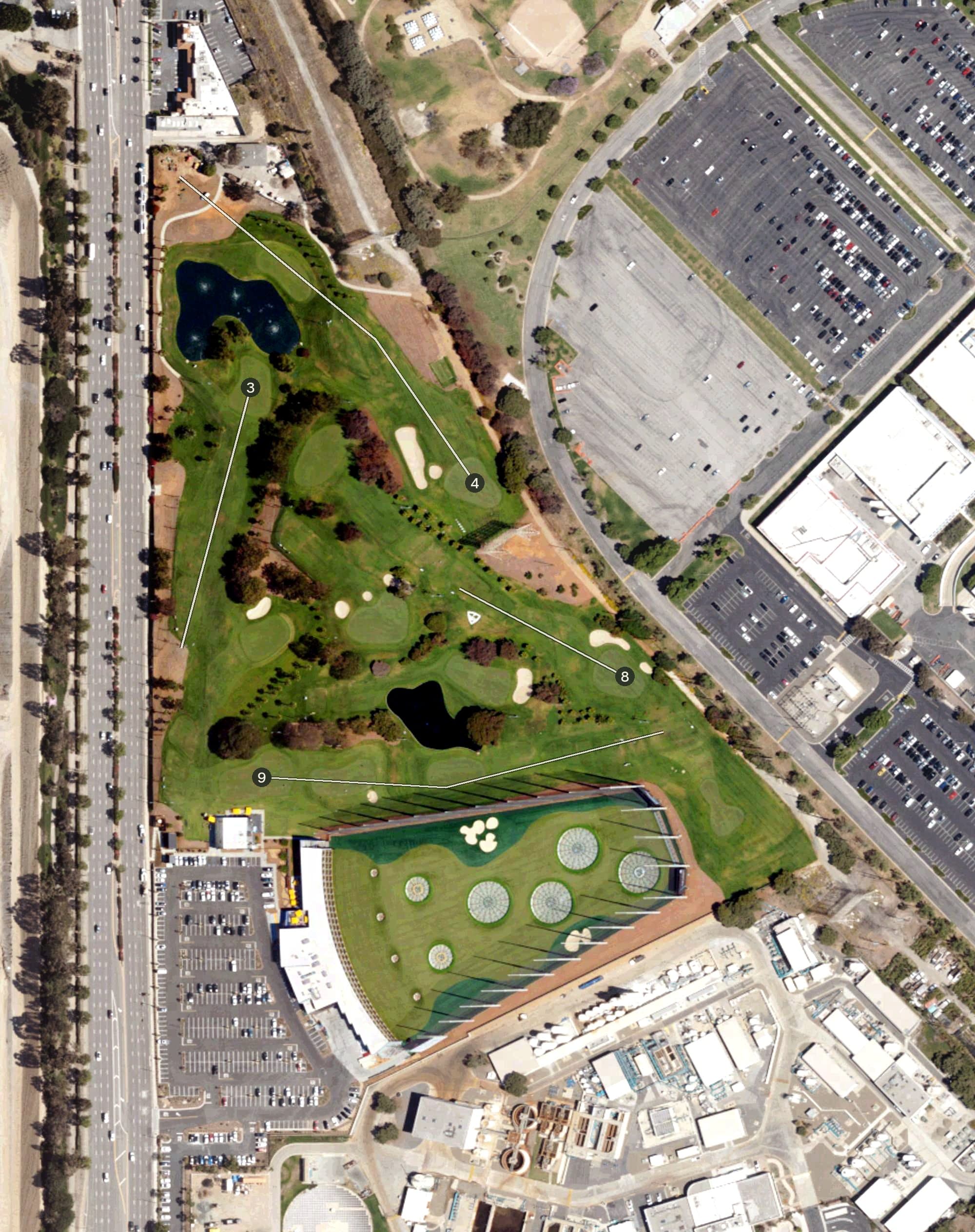 Aerial view of The Lakes at El Segundo, CA, with its hole routing marked