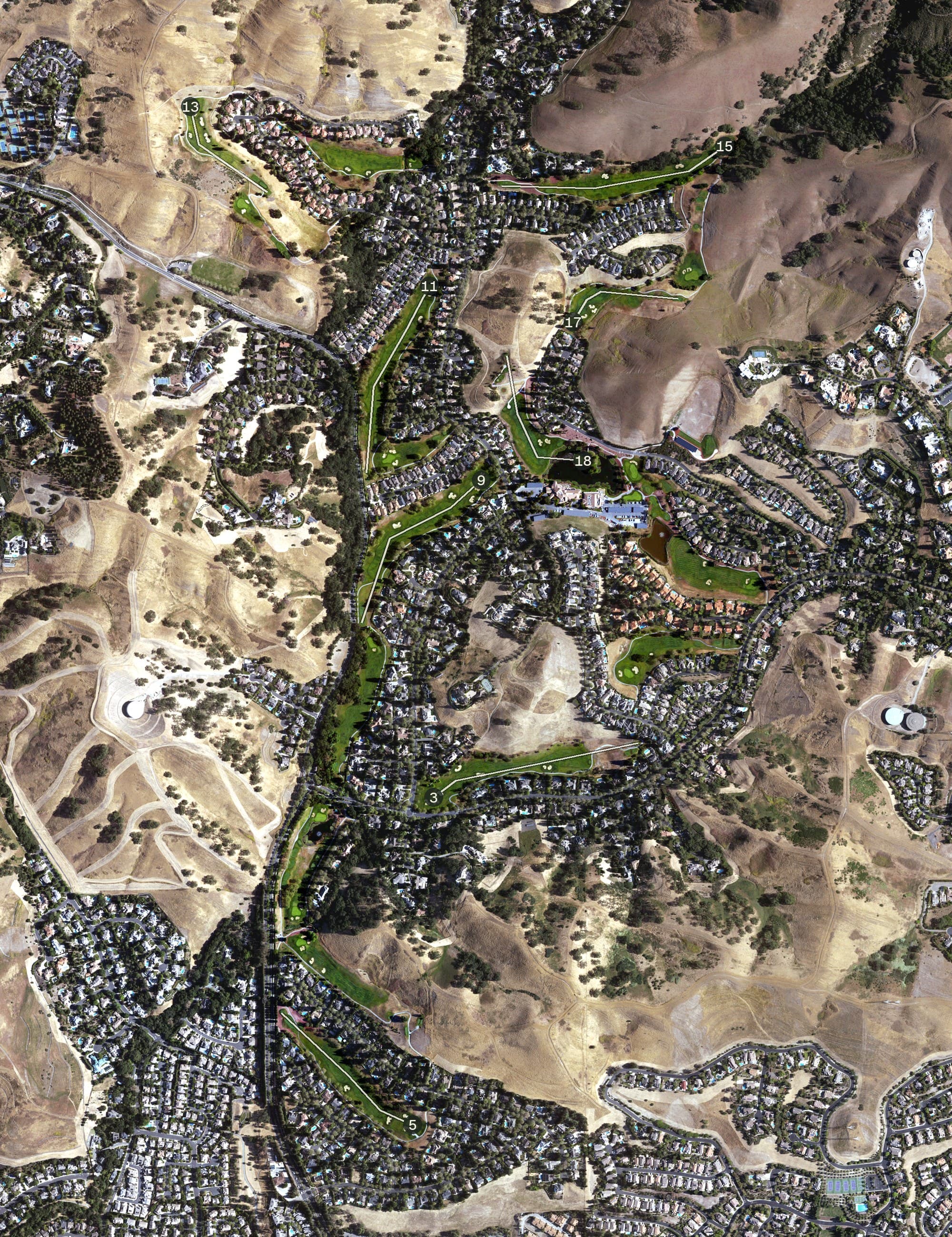 Aerial view of The Lakeside, CA, with its hole routing marked