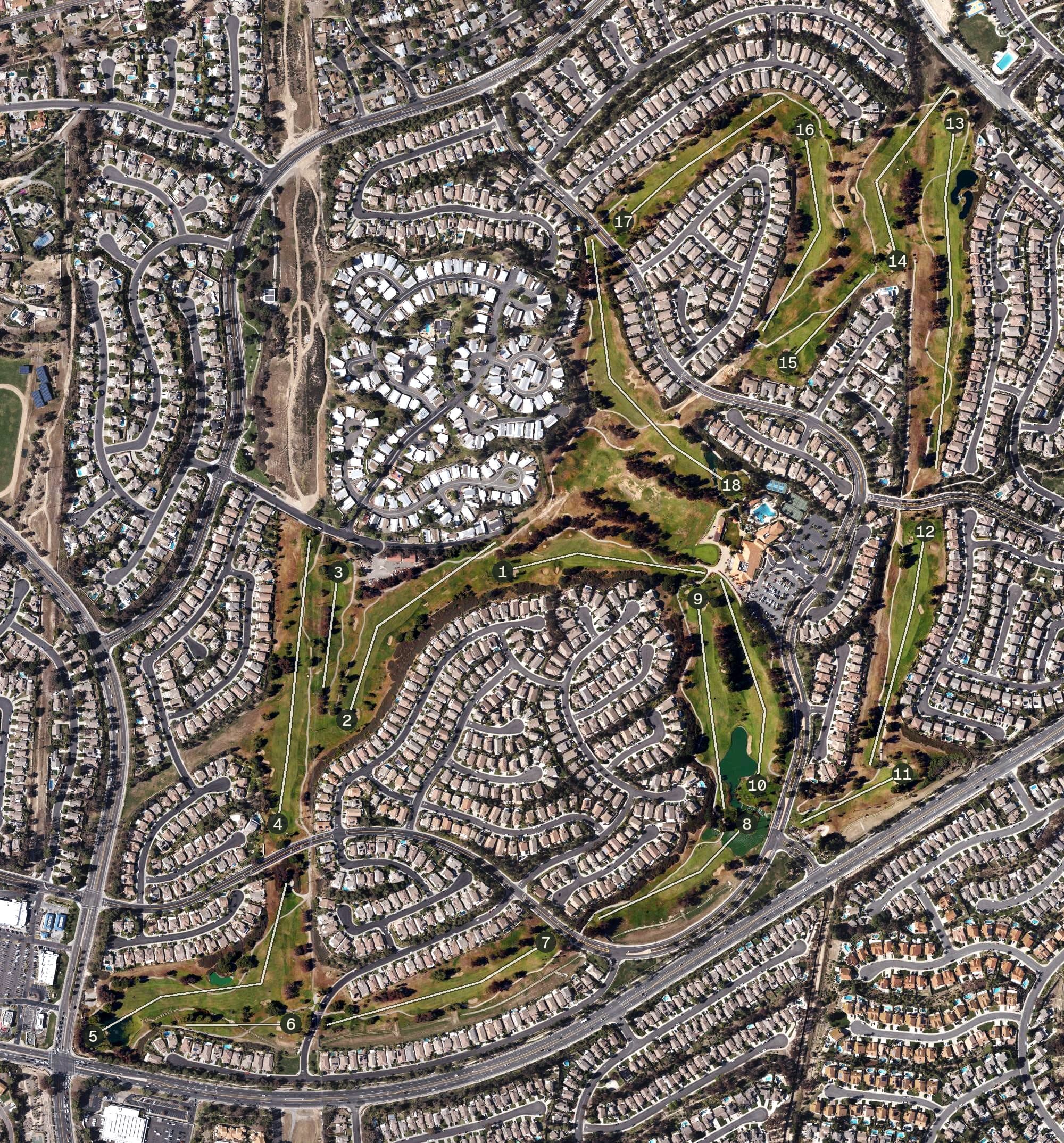 Aerial view of The Legends Golf Club, CA, with its hole routing marked